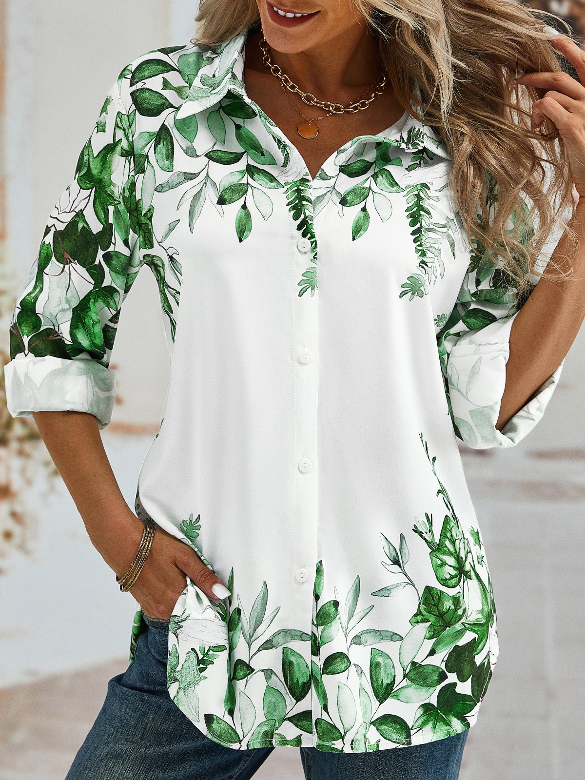 Casual Leaves Long sleeve Shirt Collar Printed Blouses