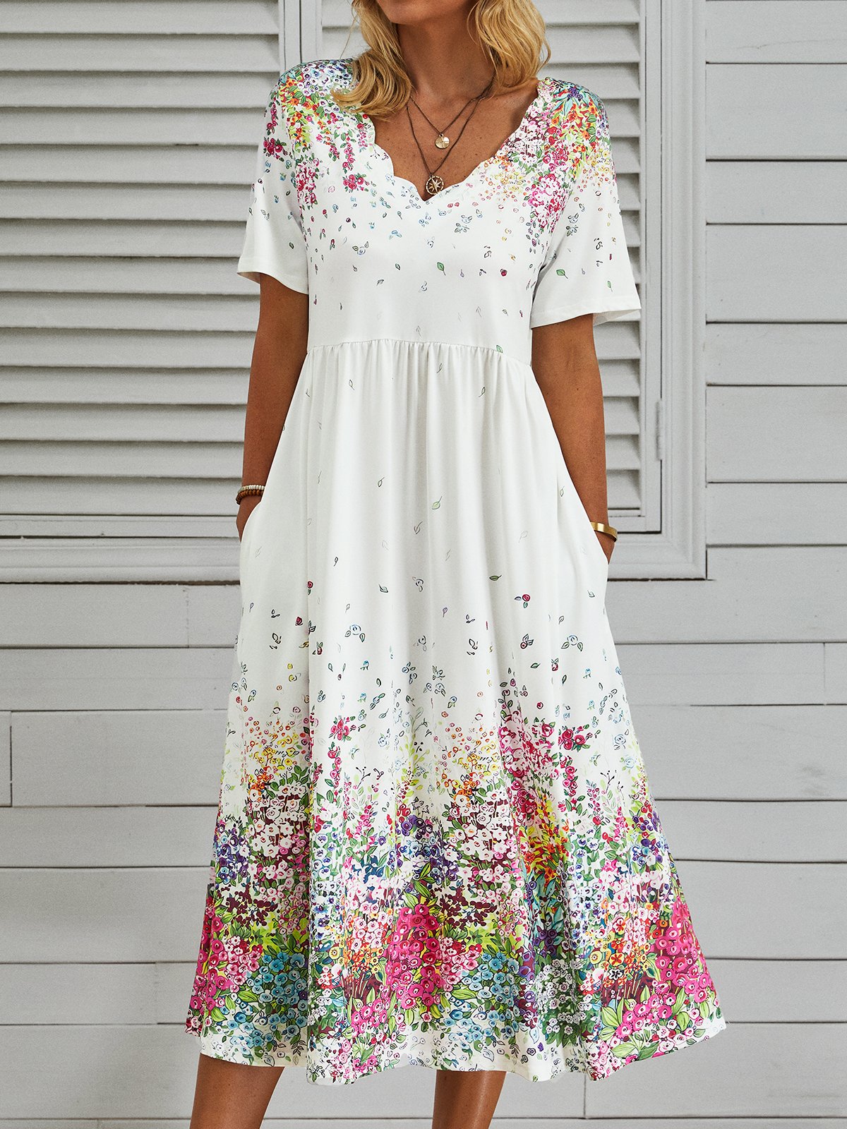 V Neck Casual Jersey Floral Midi