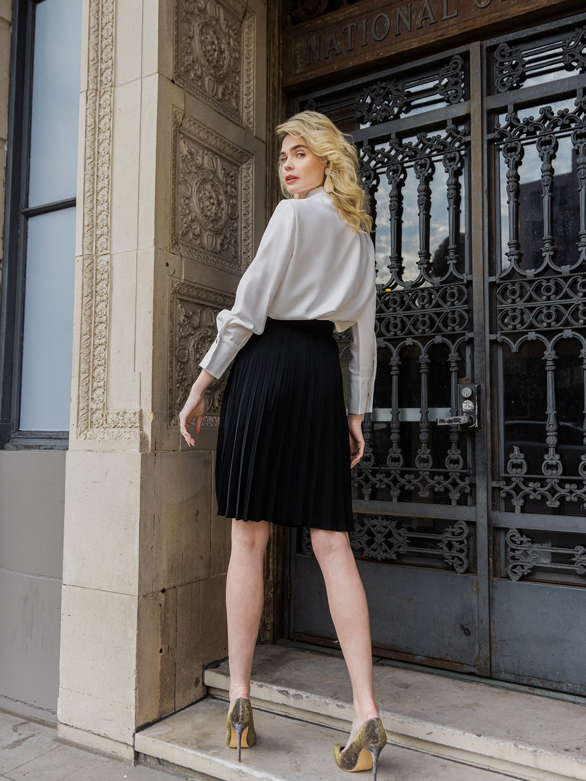 Plain Stand Collar Fit Off Shoulder Sleeve Blouses