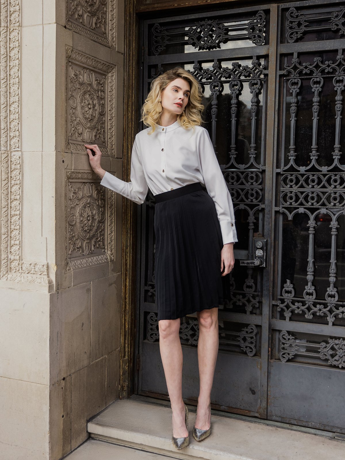 Plain Stand Collar Fit Off Shoulder Sleeve Blouses