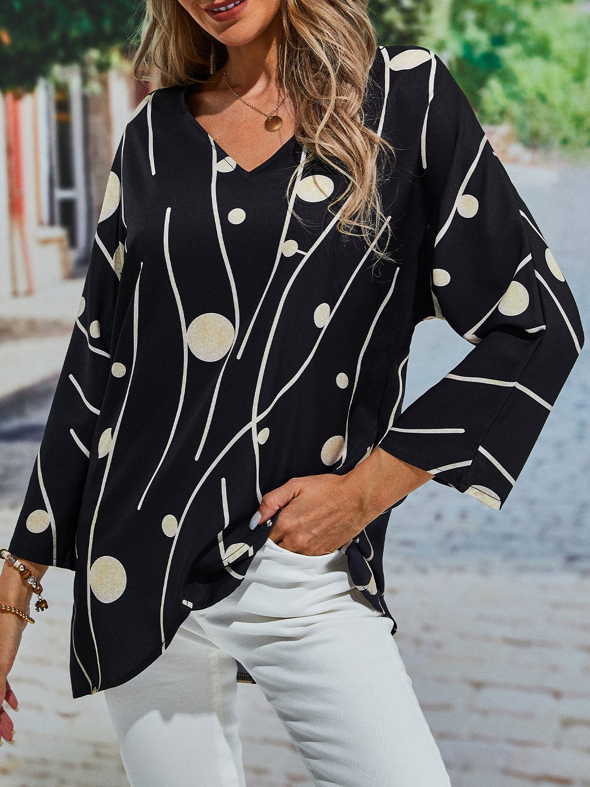 Black Crew Neck Polka Dots Top
