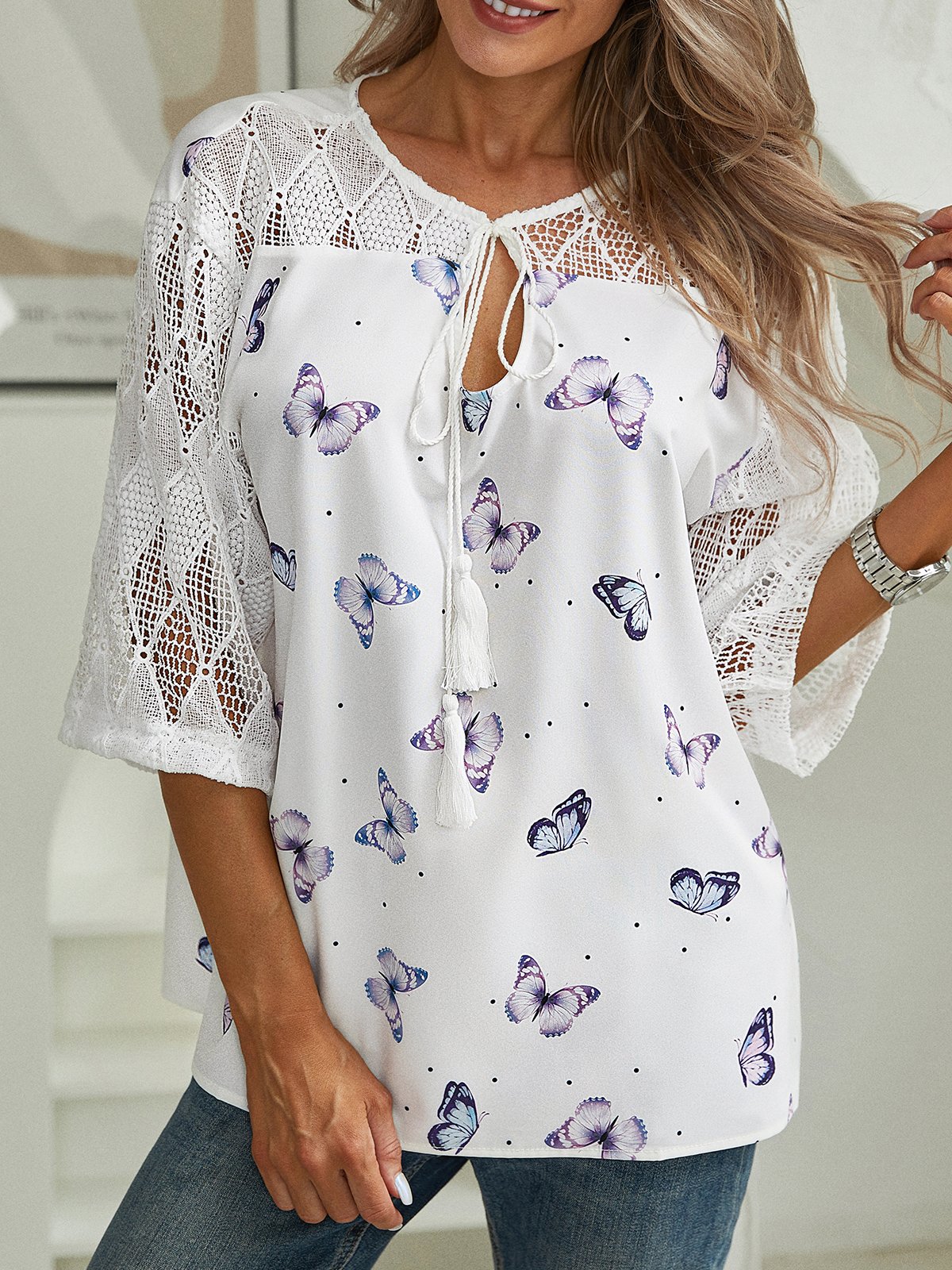 Women Autumn Butterfly Casual Daily Polyester fibre Three Quarter Crew Neck Regular H-Line Top