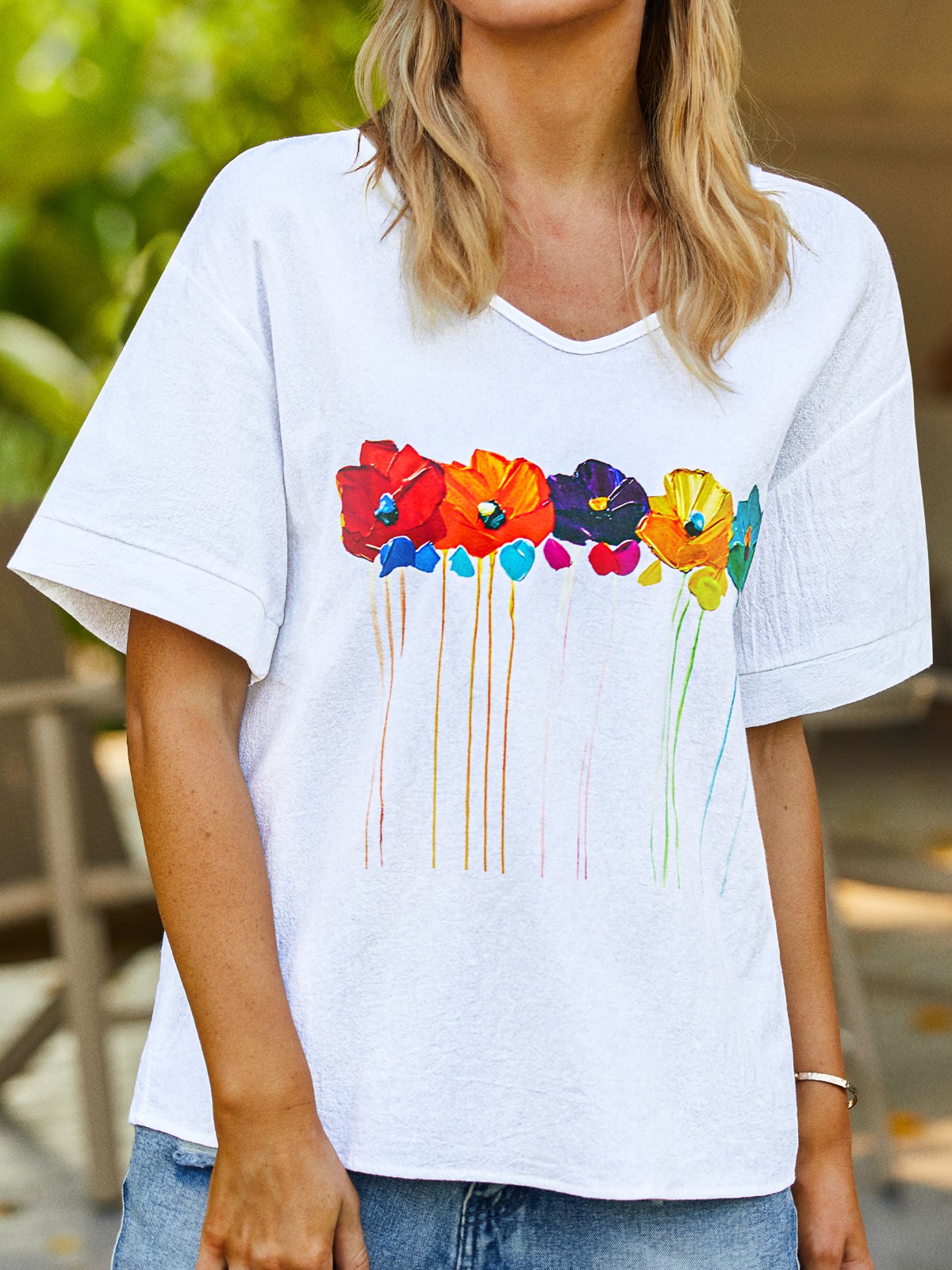 Floral Summer Casual V neck Lightweight Short sleeve Cotton Regular H-Line Top for Women