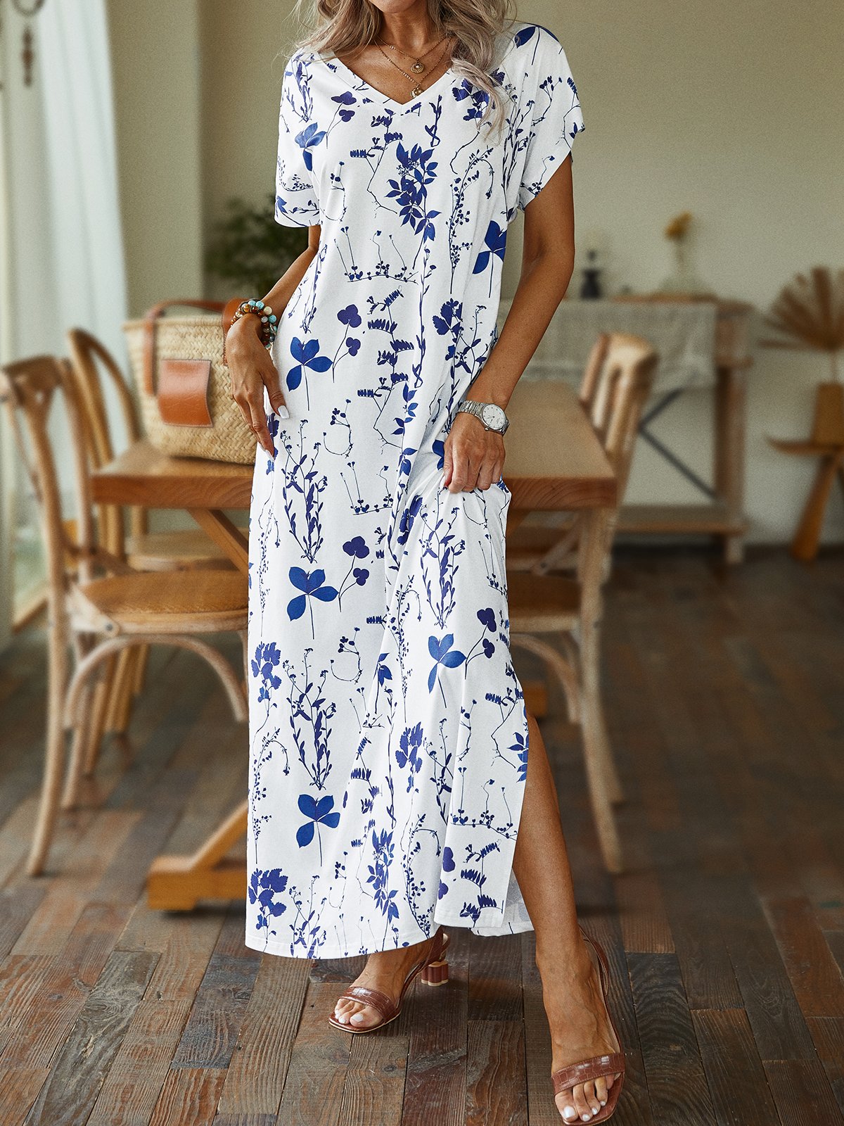 Floral Summer Casual V neck Lightweight Daily Standard Short sleeve Long Dress for Women