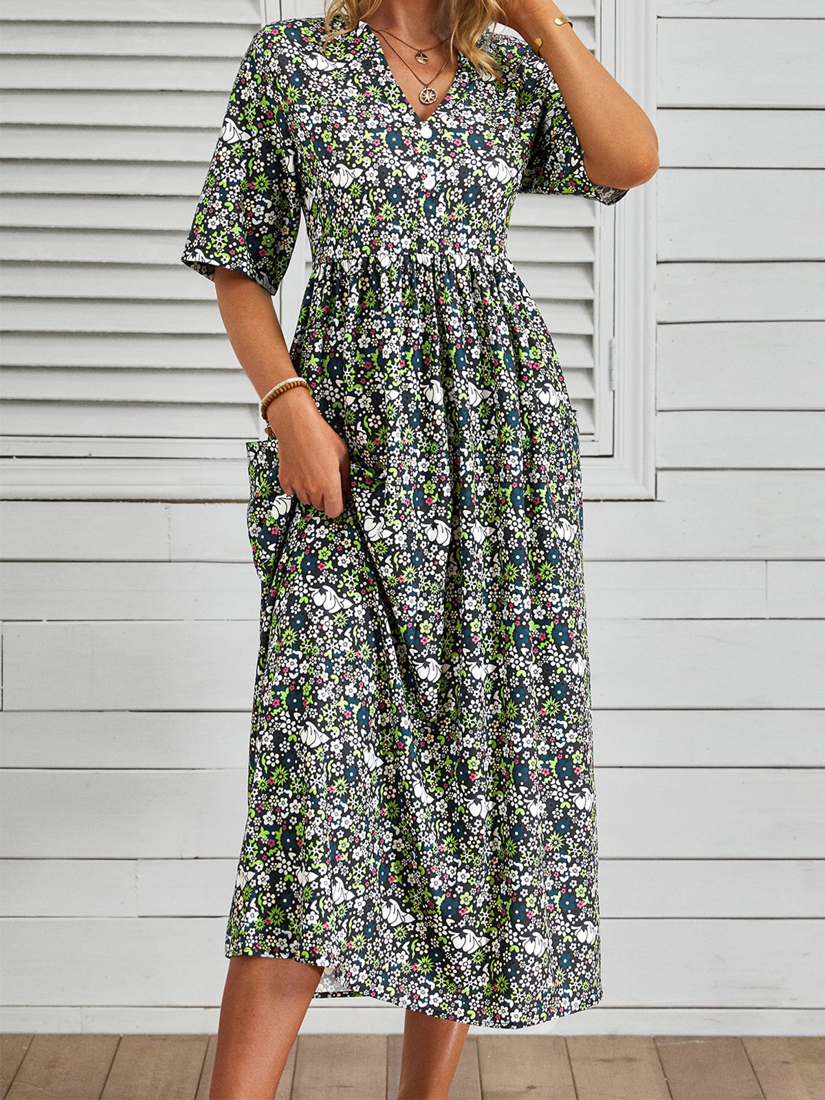 Casual Floral Loose V Neck Midi