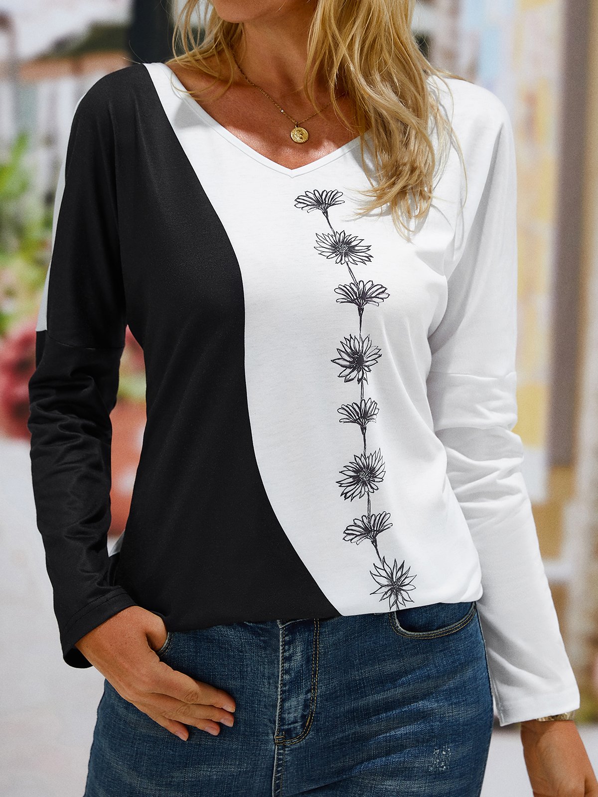 Casual V Neck Floral Loose Long Sleeve T-Shirt