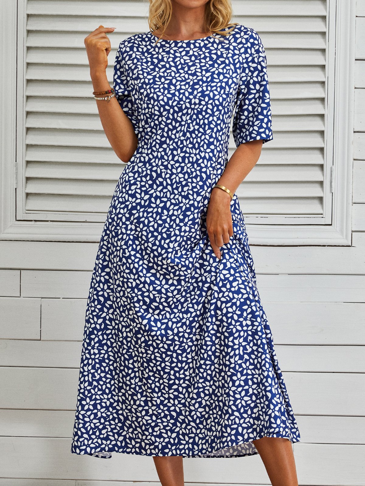 Casual Crew Neck Floral Polyester Fibre Midi