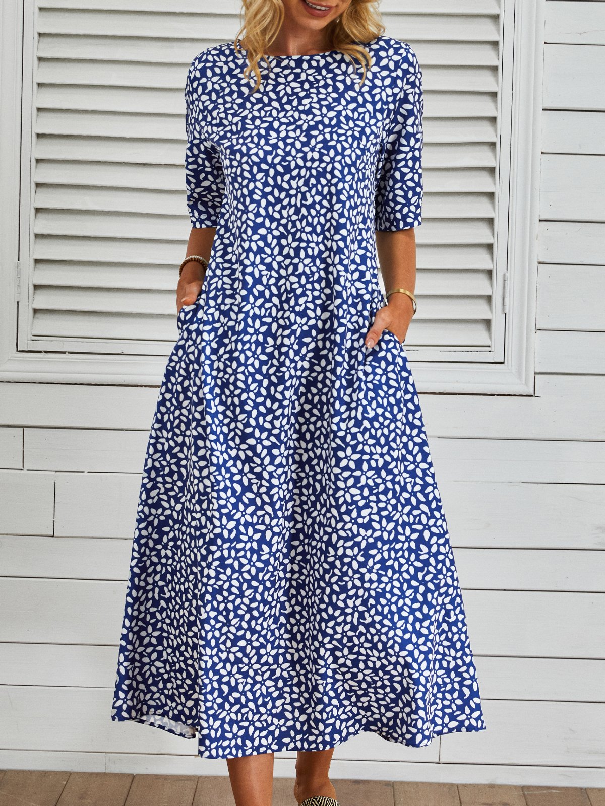 Casual Crew Neck Floral Polyester Fibre Midi