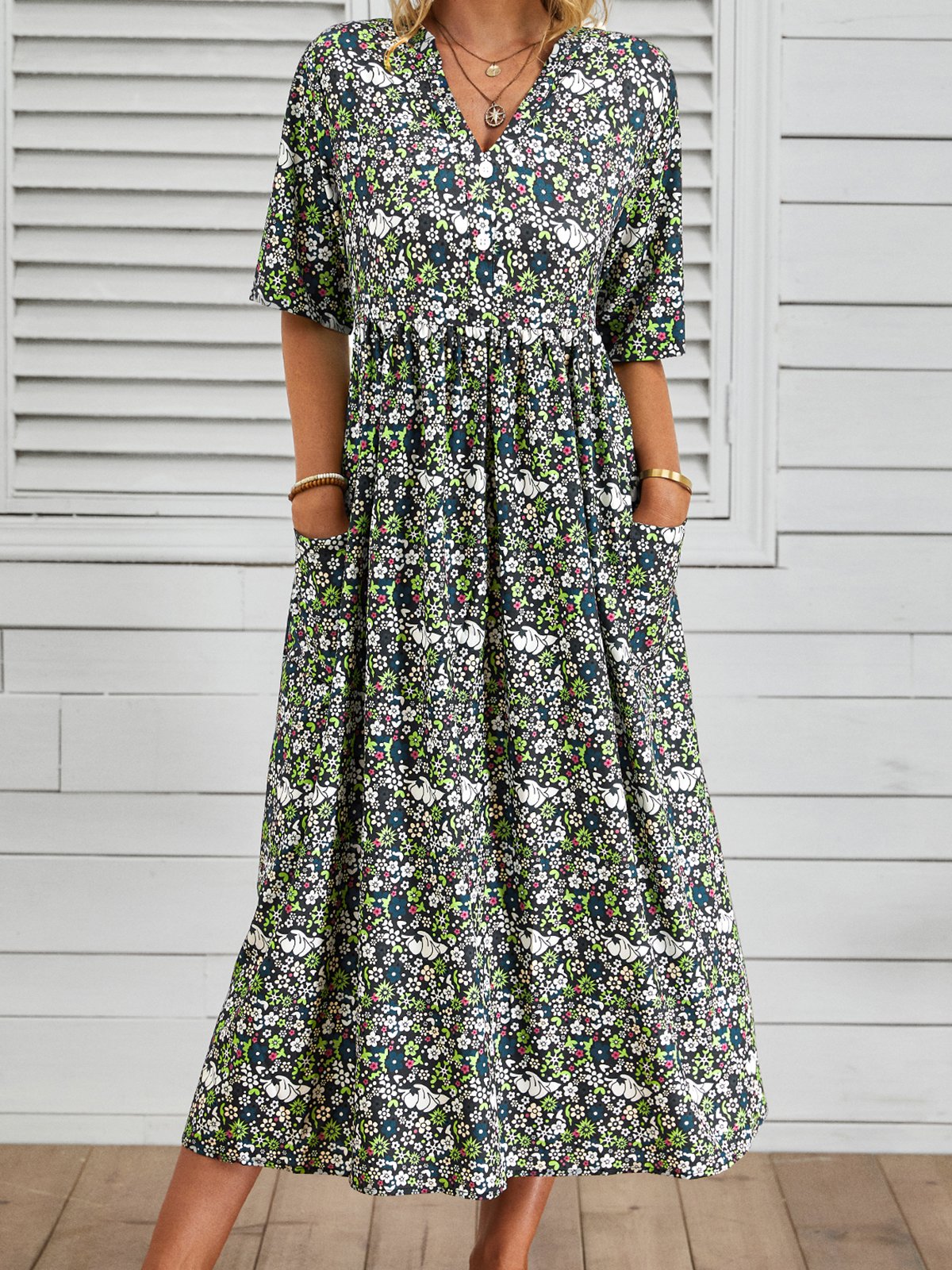 Casual Floral Loose V Neck Midi