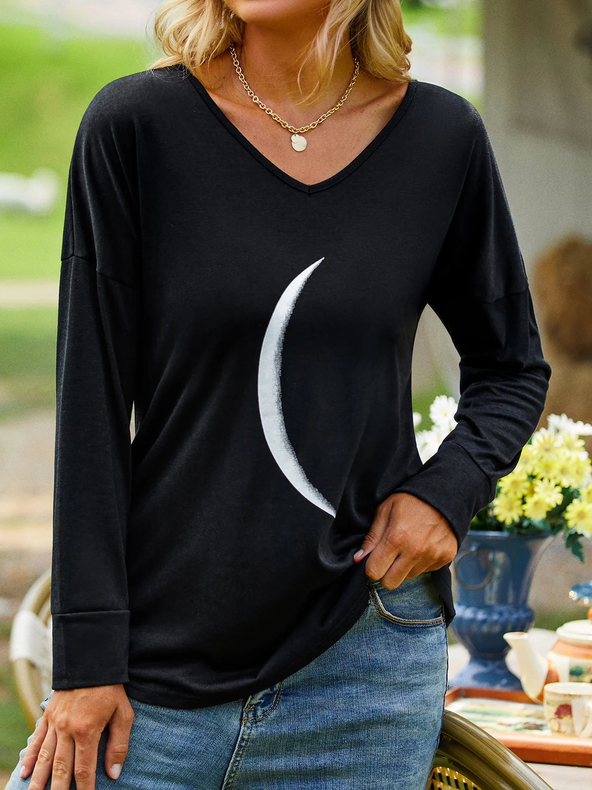 Women Plain Summer Casual Micro-Elasticity Daily Standard Long sleeve H-Line Regular T-shirt