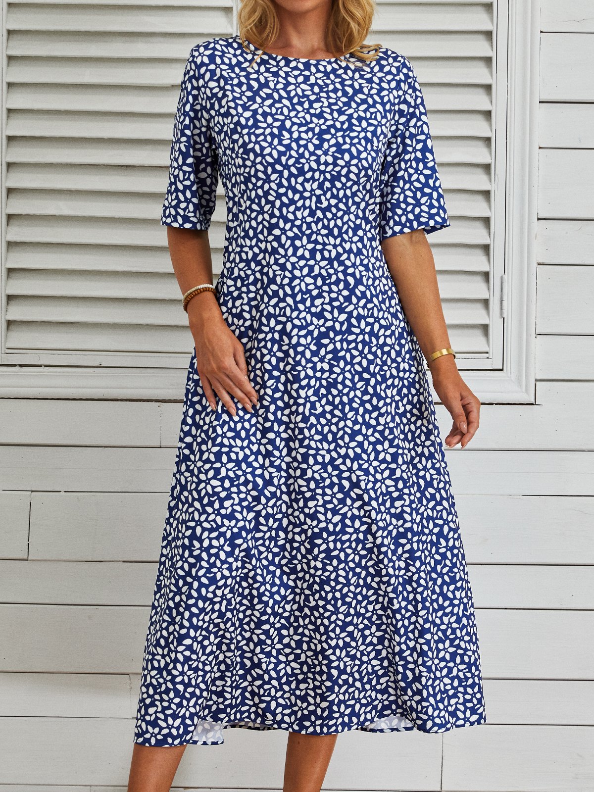 Casual Crew Neck Floral Polyester Fibre Midi