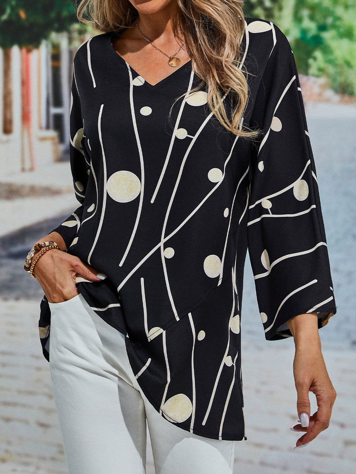 Black Crew Neck Polka Dots Top