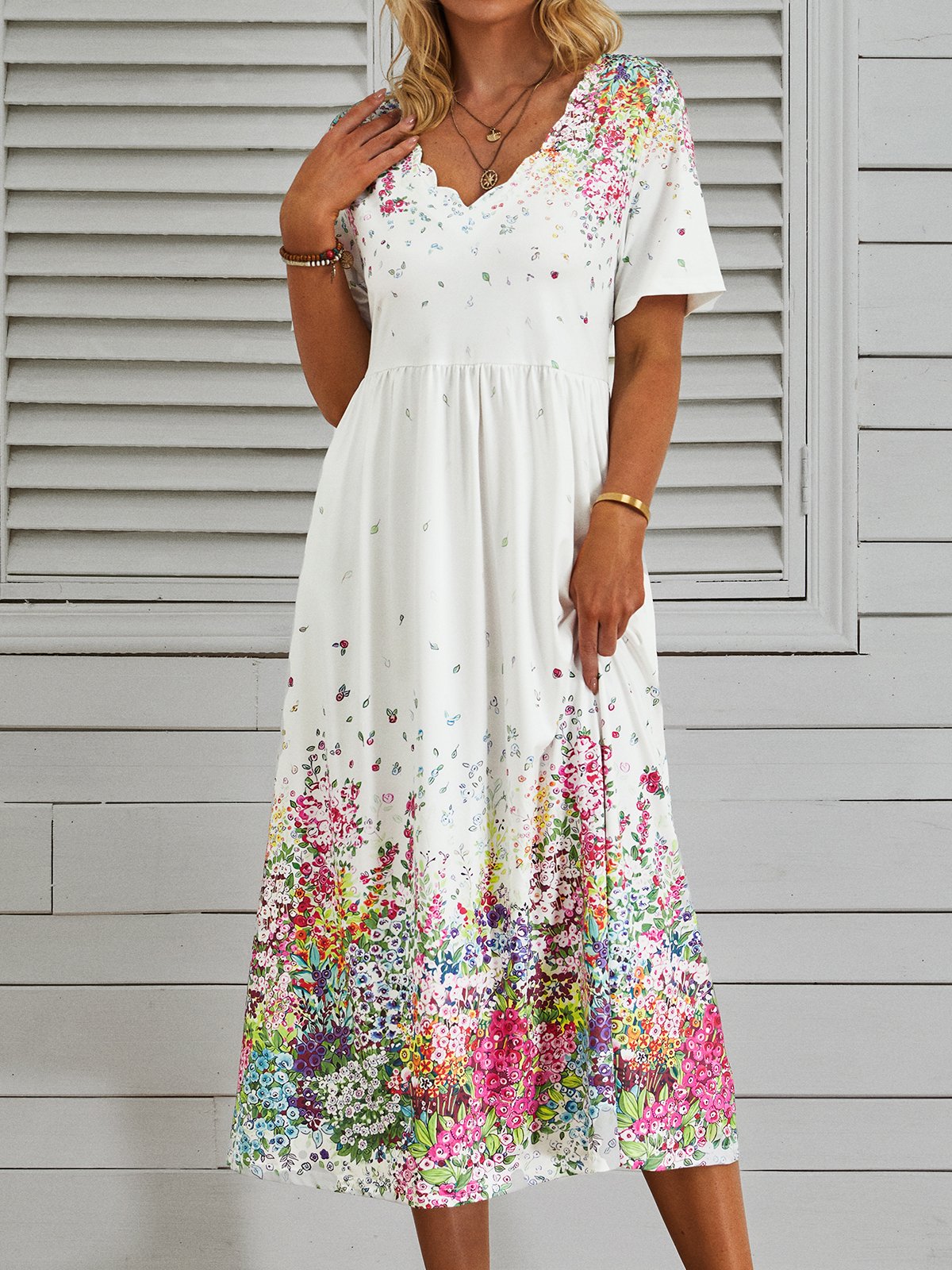 V Neck Casual Jersey Floral Midi