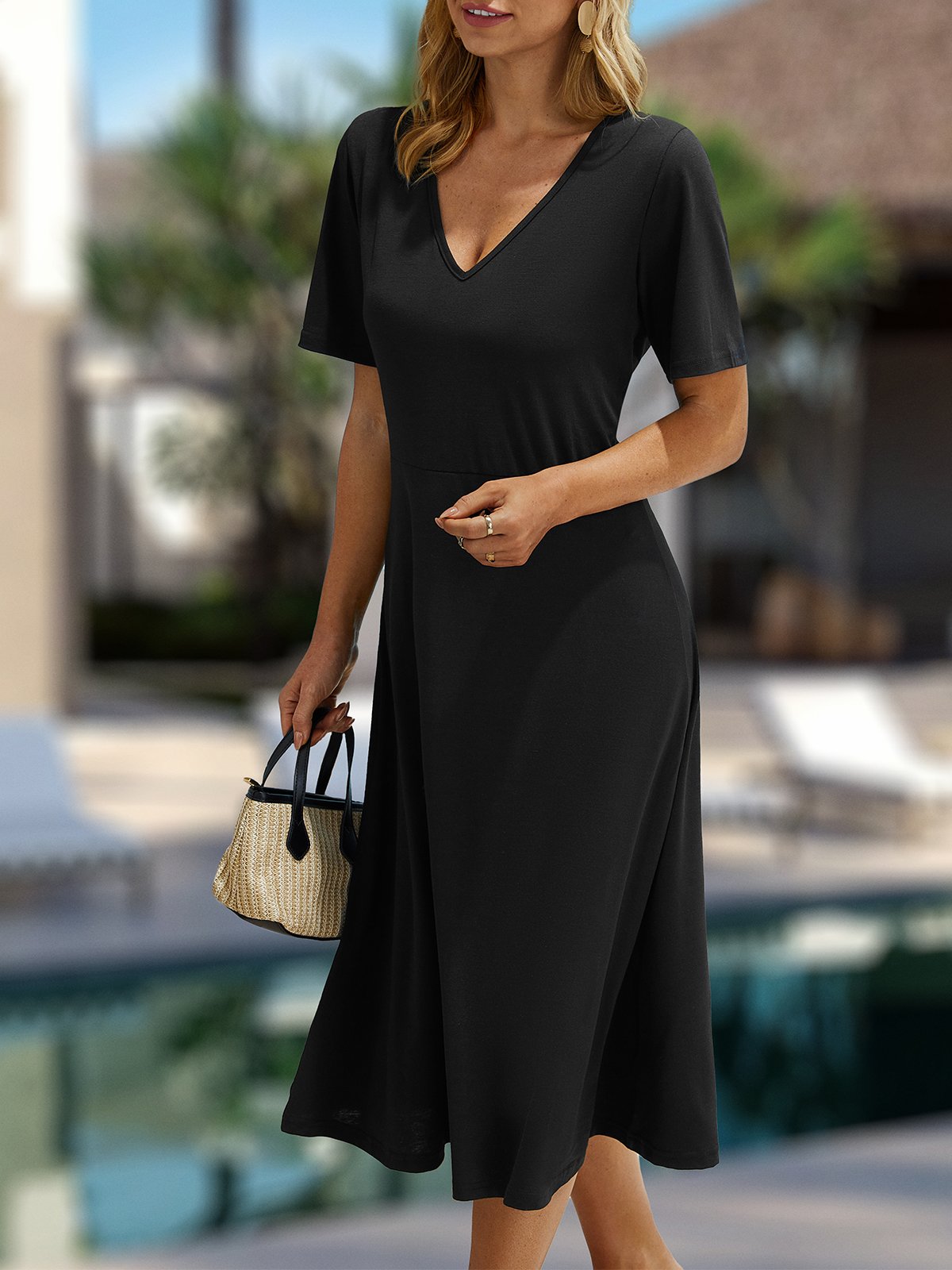 Casual V Neck Jersey Midi