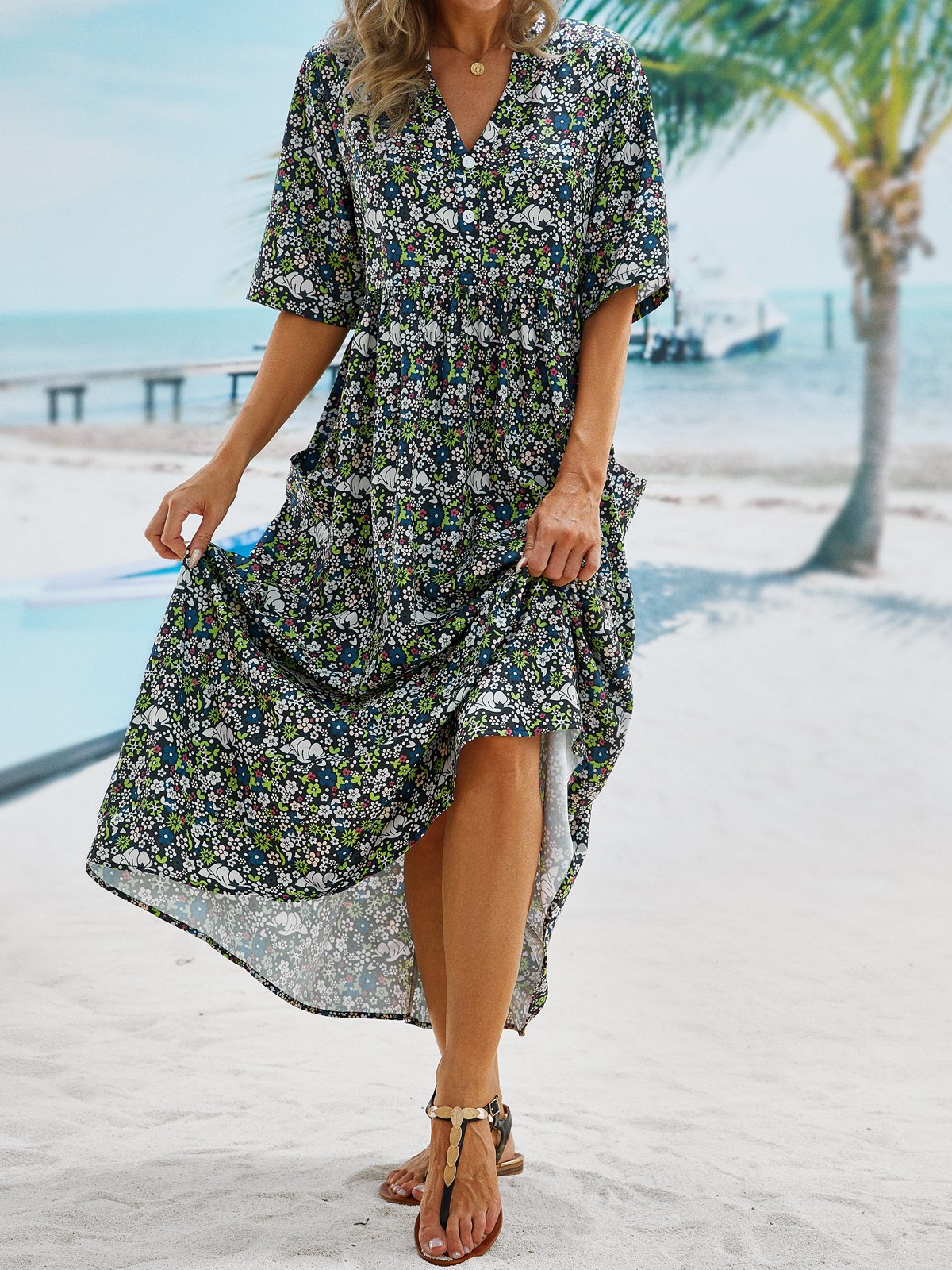 V Neck Loose Casual Midi