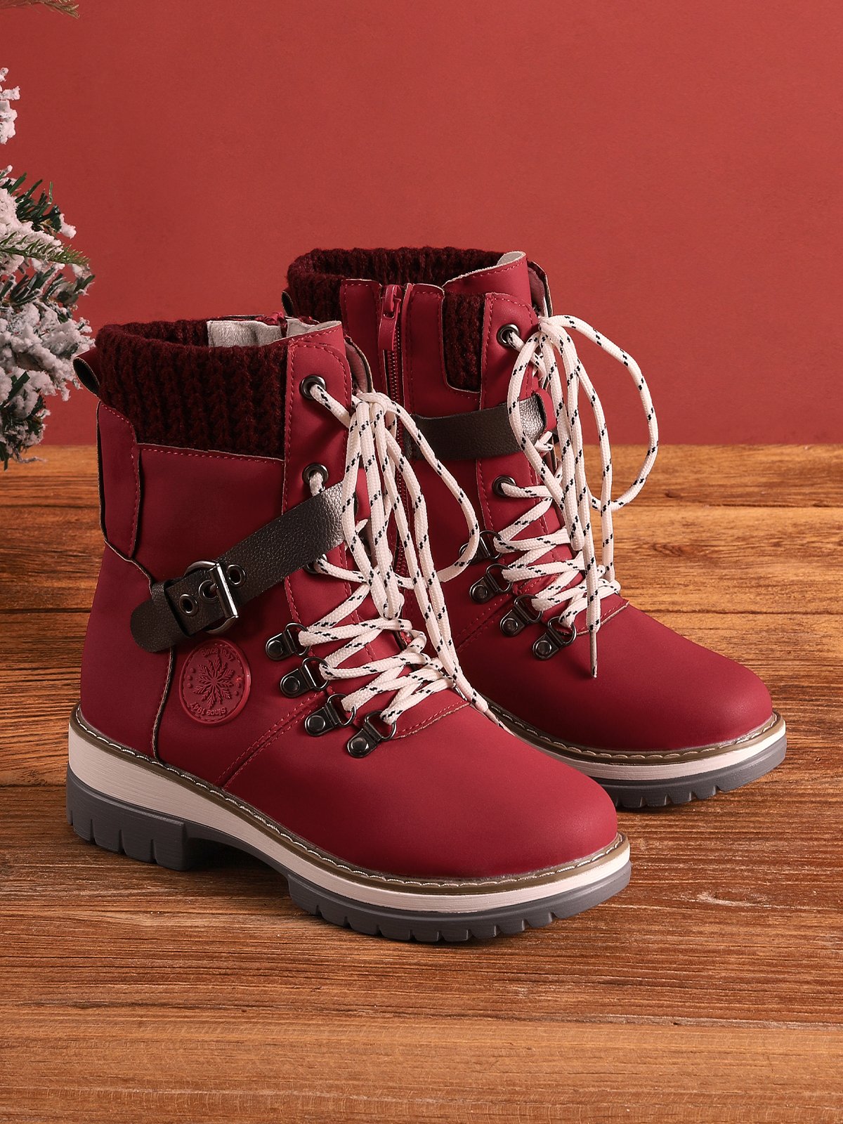 Wool Stitching PU Lace Buckle Middle Snow Snow Boots