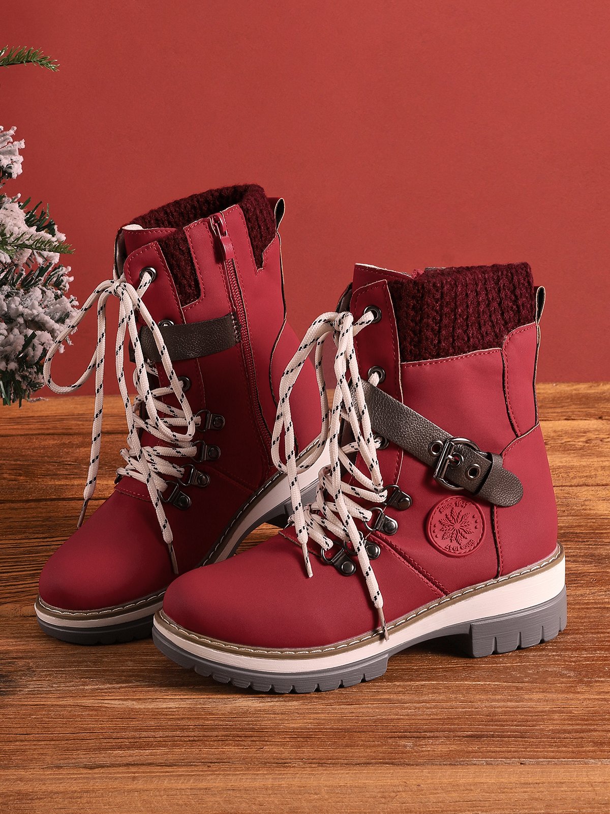 Wool Stitching PU Lace Buckle Middle Snow Snow Boots