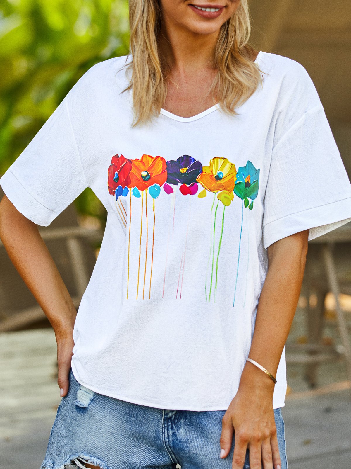Floral Summer Casual V neck Lightweight Short sleeve Cotton Regular H-Line Top for Women