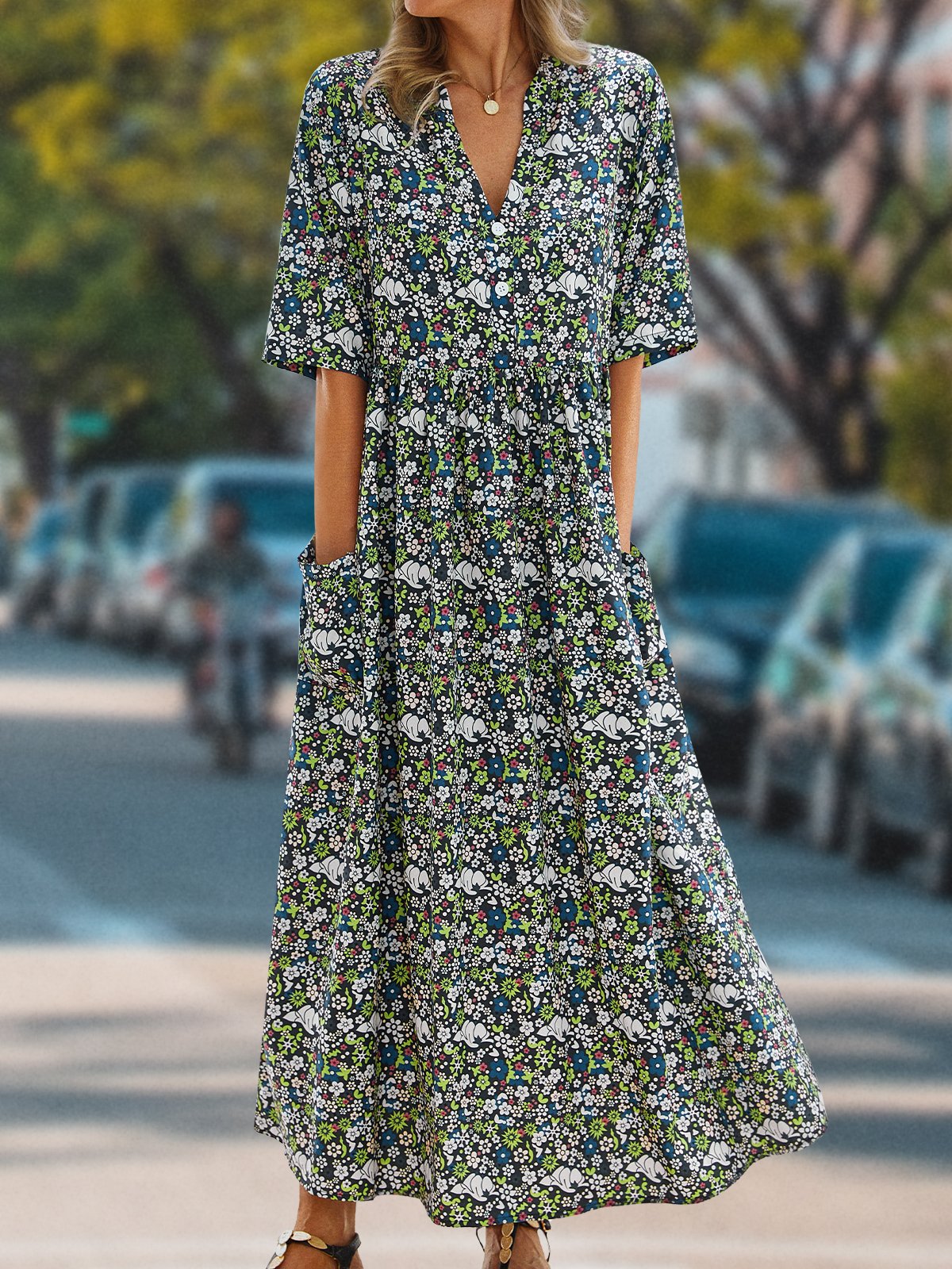 V Neck Loose Casual Midi