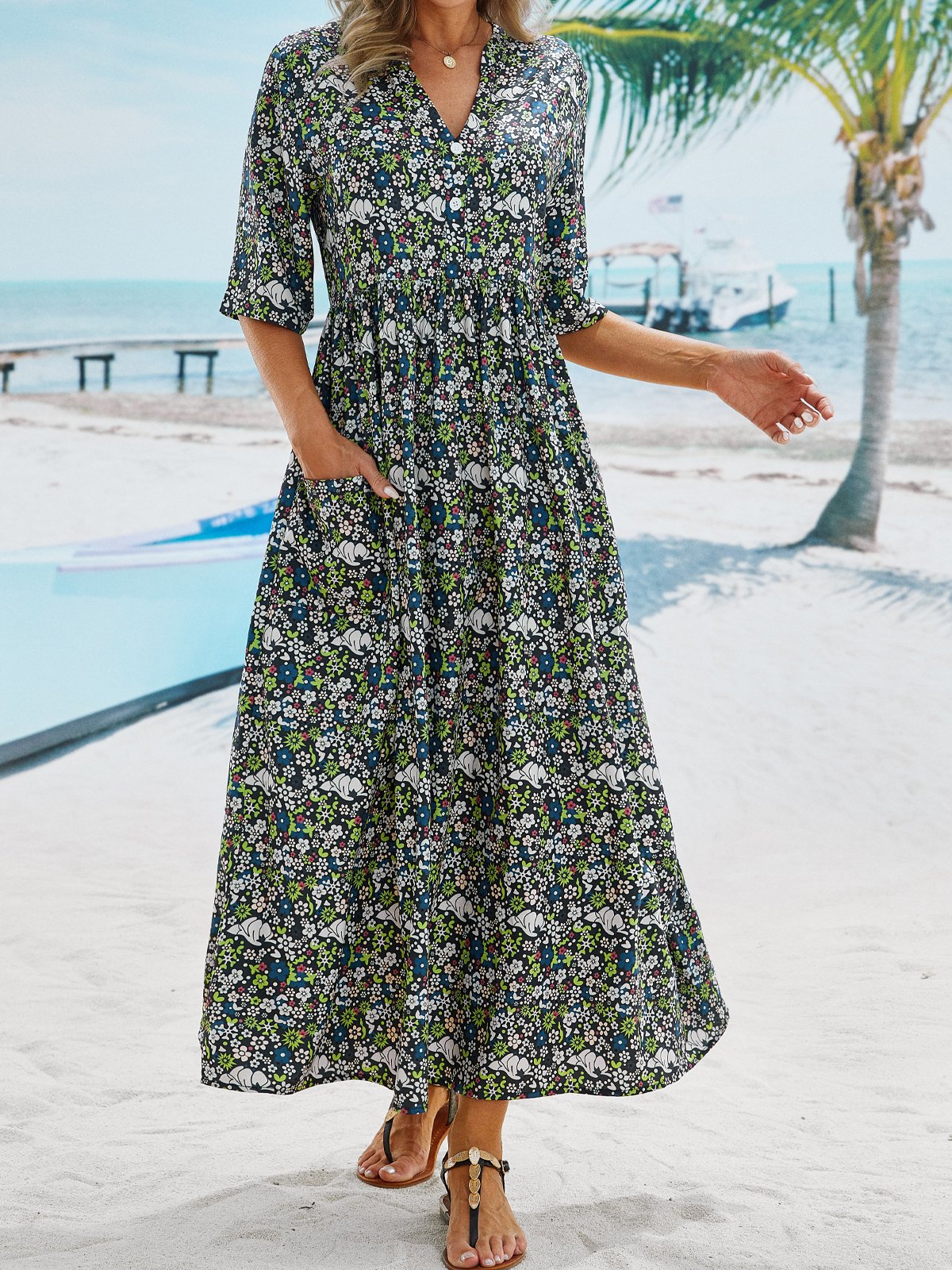 V Neck Loose Casual Midi