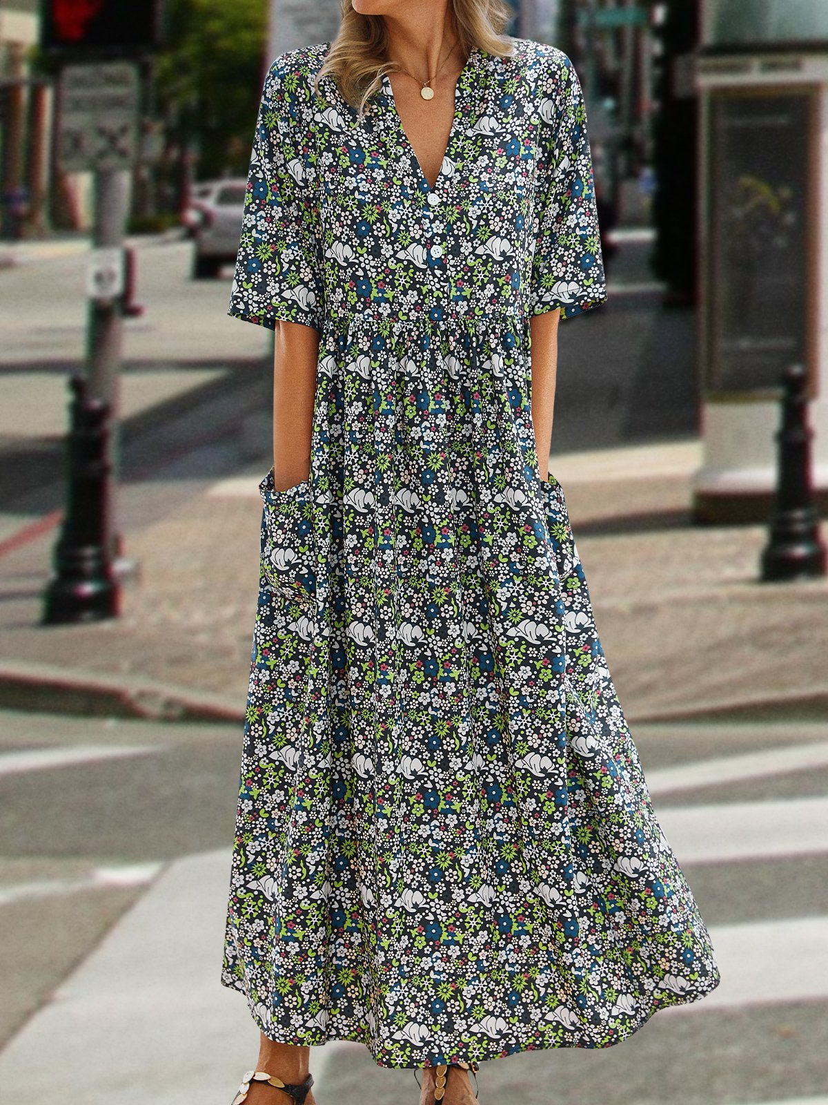 V Neck Loose Casual Midi