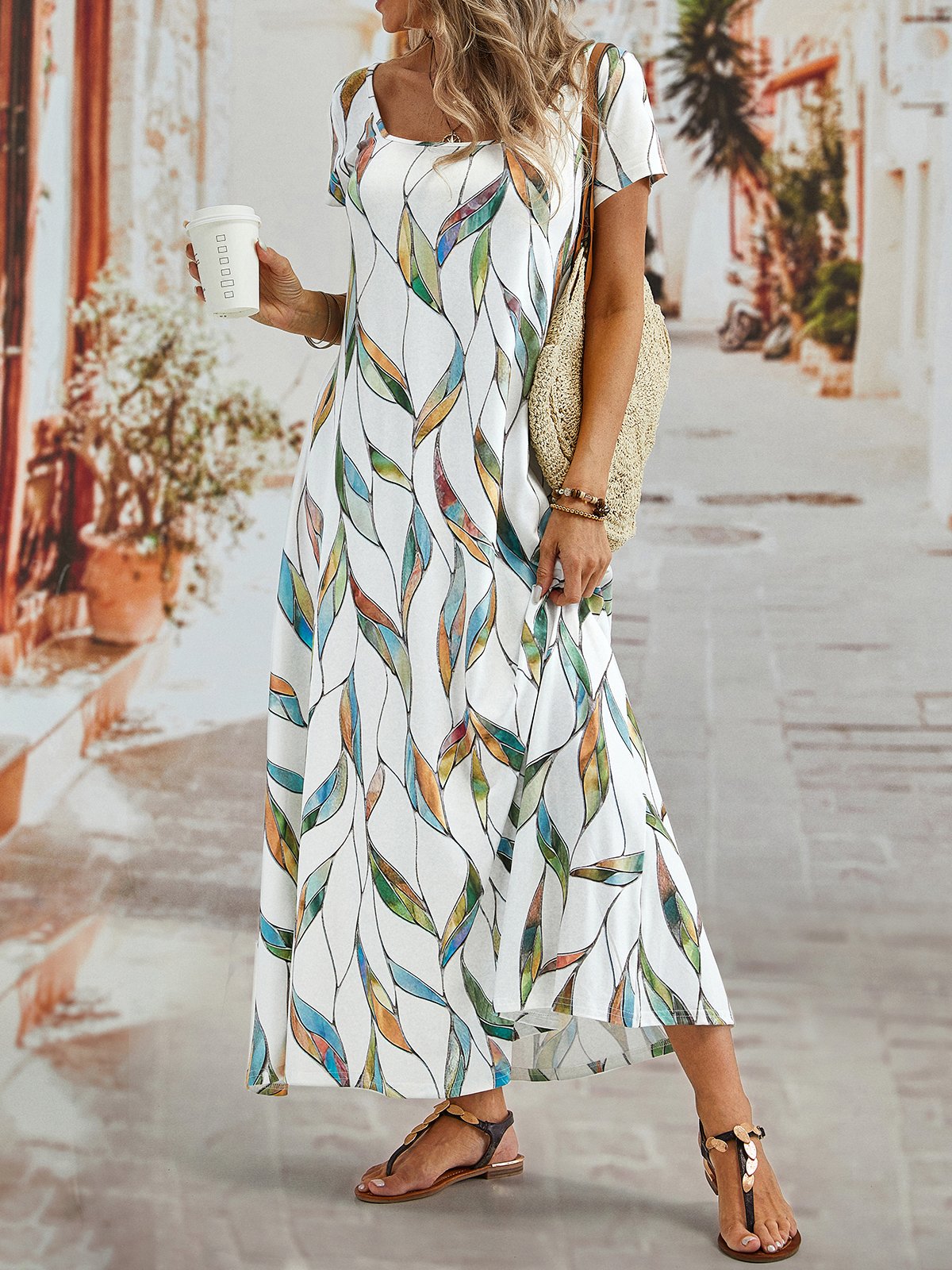 Printed Casual Square Neck Short Sleeve Dress