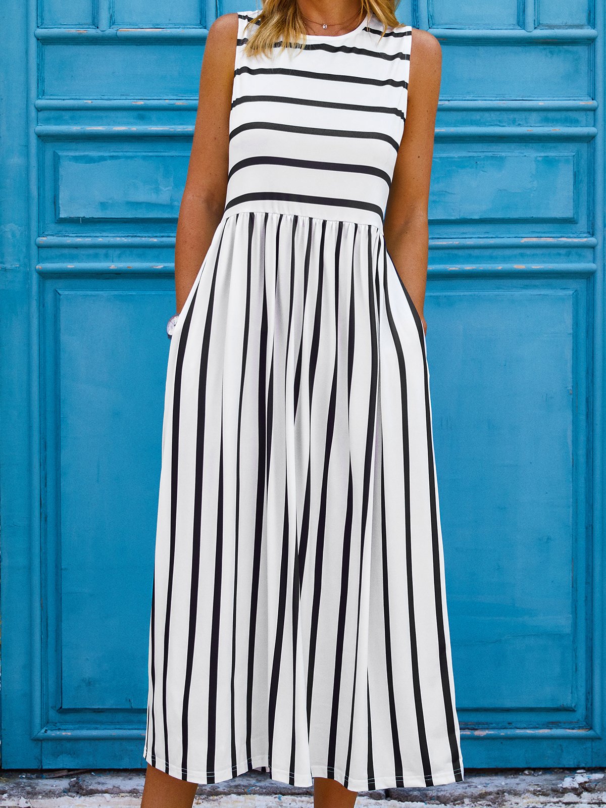 Loose Casual Striped Crew Neck Midi