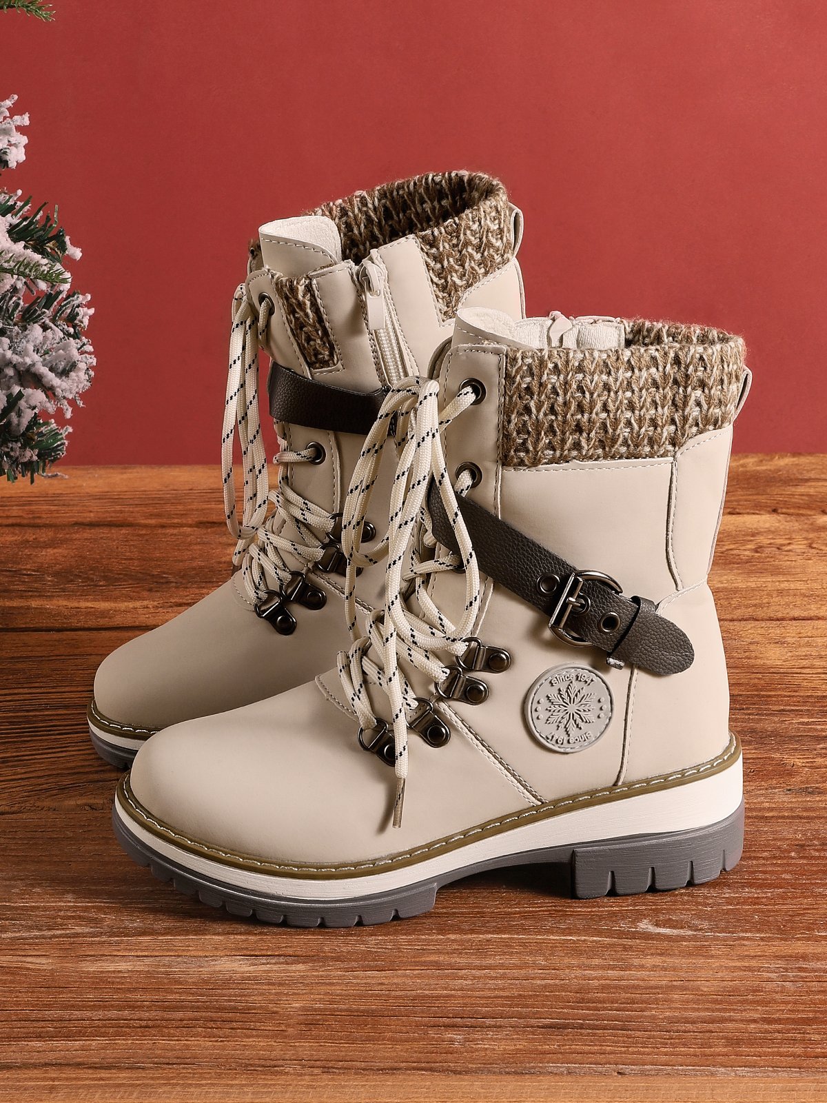 Wool Stitching PU Lace Buckle Middle Snow Snow Boots