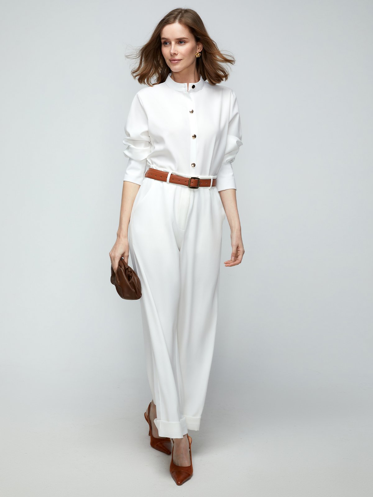 Plain Stand Collar Fit Off Shoulder Sleeve Blouses