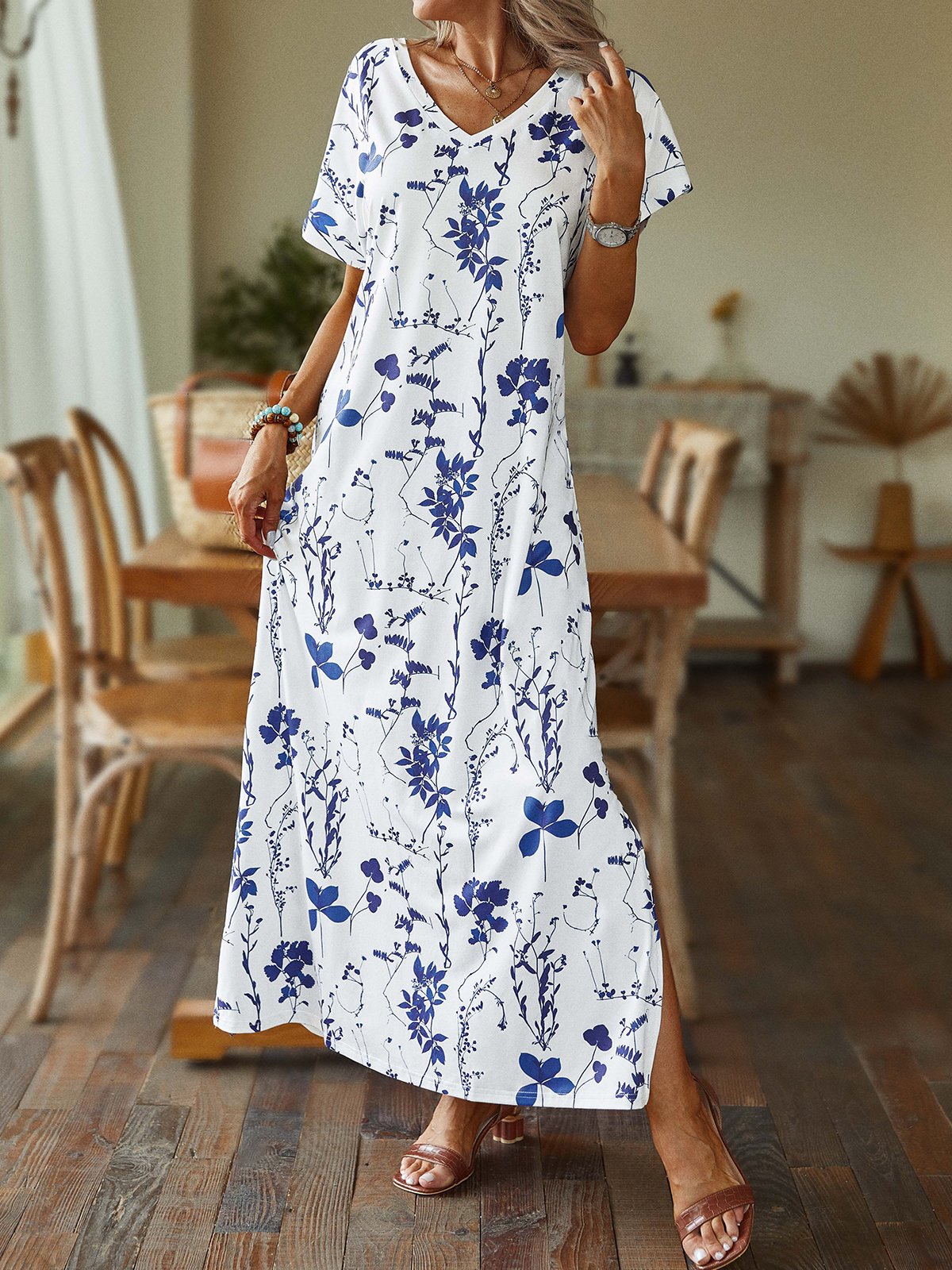 Floral Summer Casual V neck Lightweight Daily Standard Short sleeve Long Dress for Women