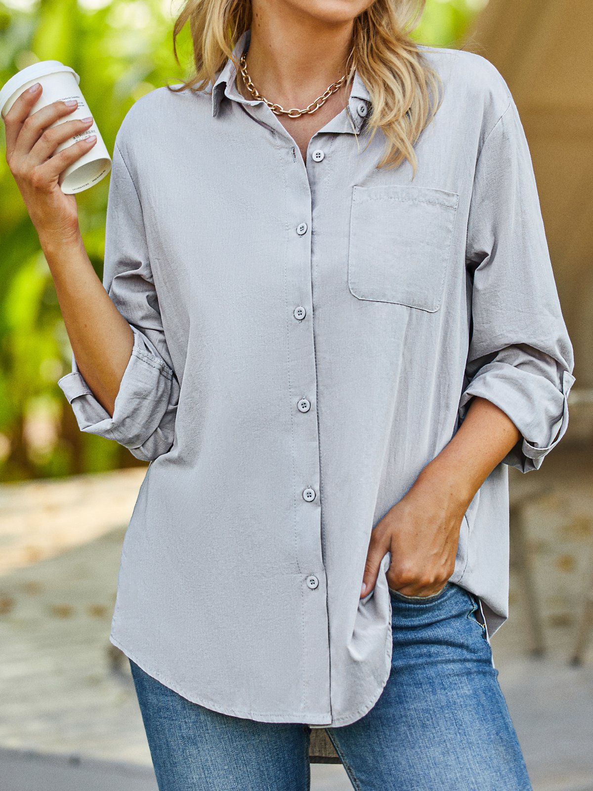 Women Plain Autumn Casual Lightweight No Elasticity Daily Standard Loose Regular Blouse