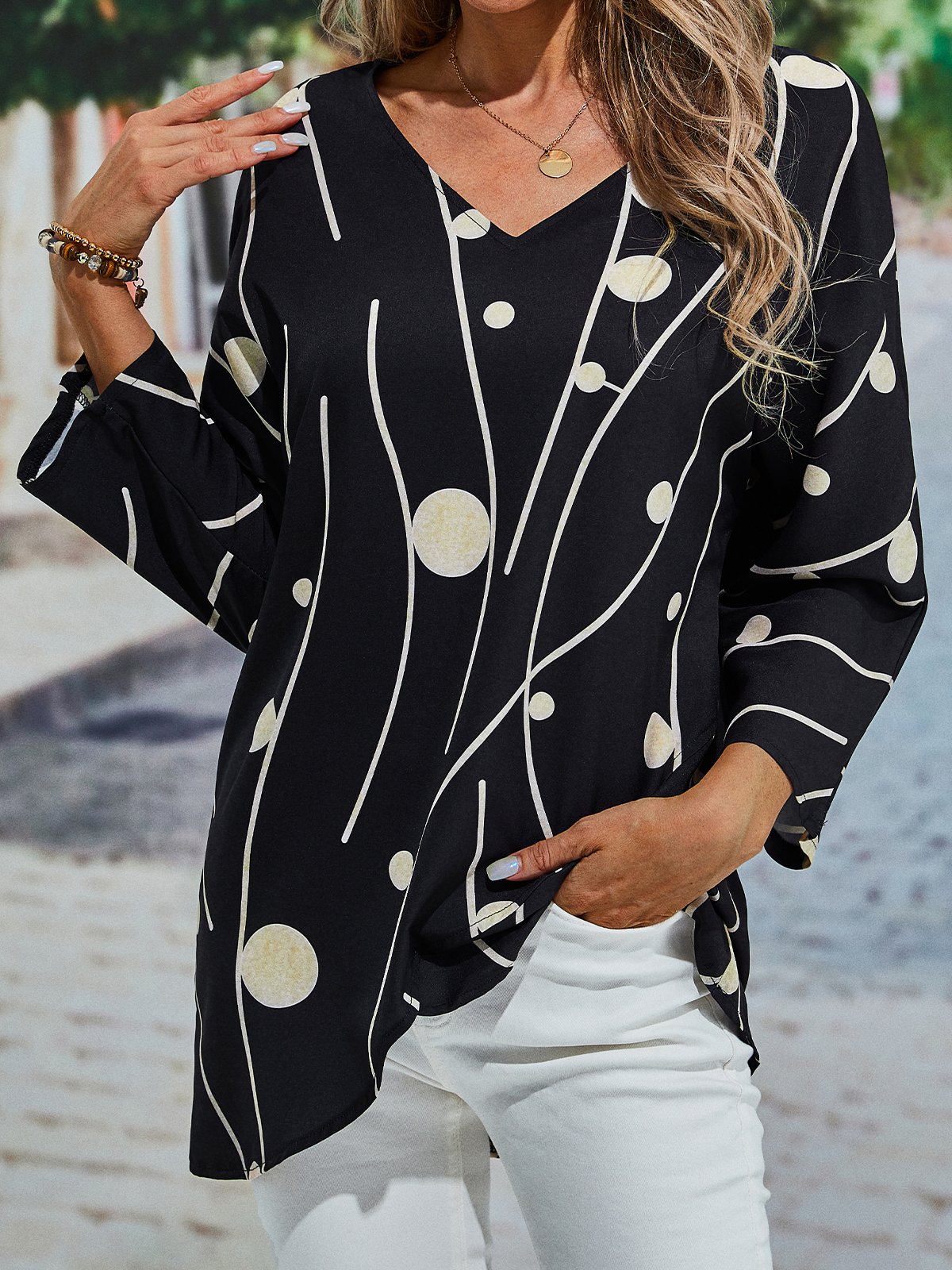 Black Crew Neck Polka Dots Top