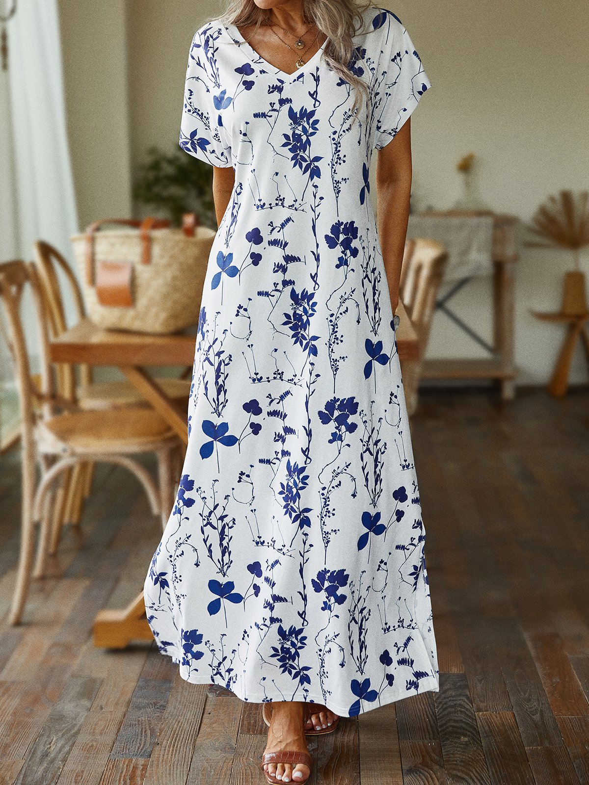 Floral Summer Casual V neck Lightweight Daily Standard Short sleeve Long Dress for Women