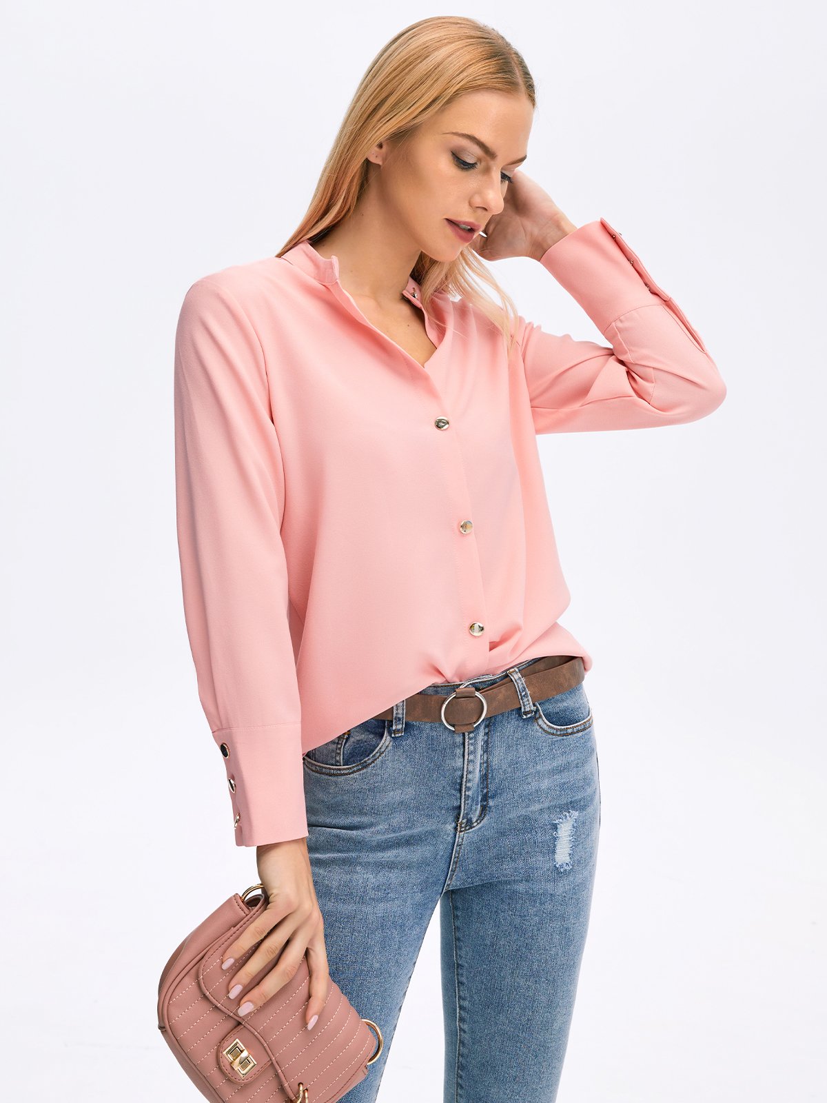 Plain Stand Collar Fit Off Shoulder Sleeve Blouses
