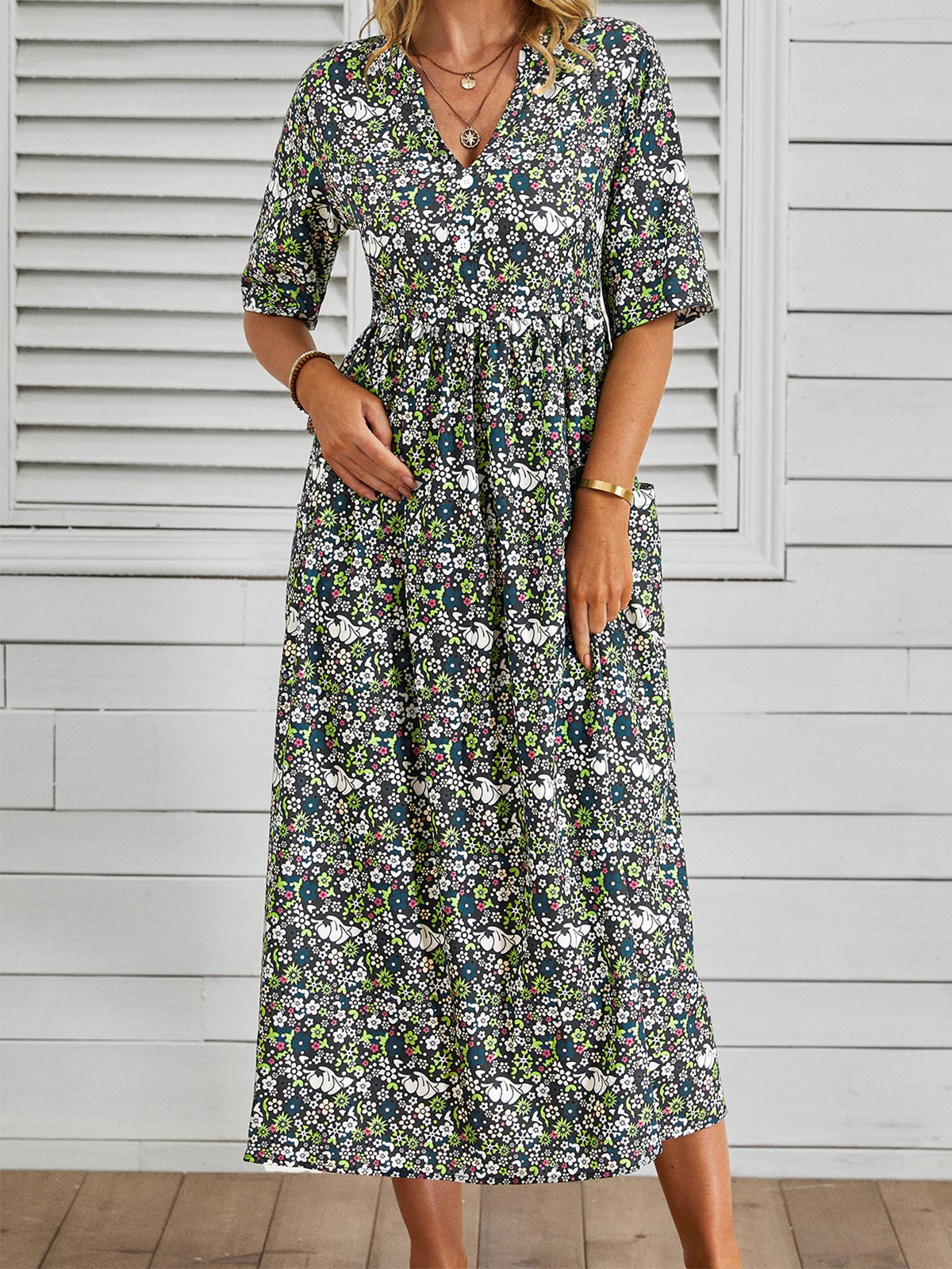 Casual Floral Loose V Neck Midi