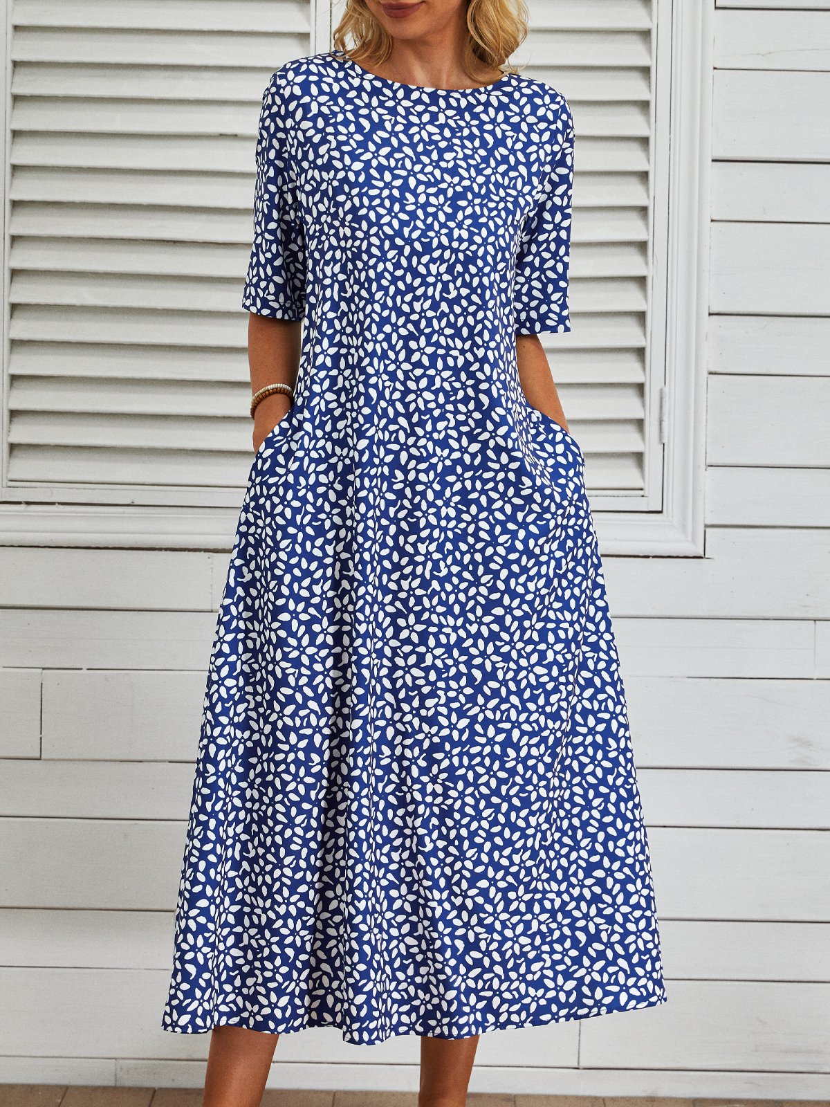 Casual Crew Neck Floral Polyester Fibre Midi