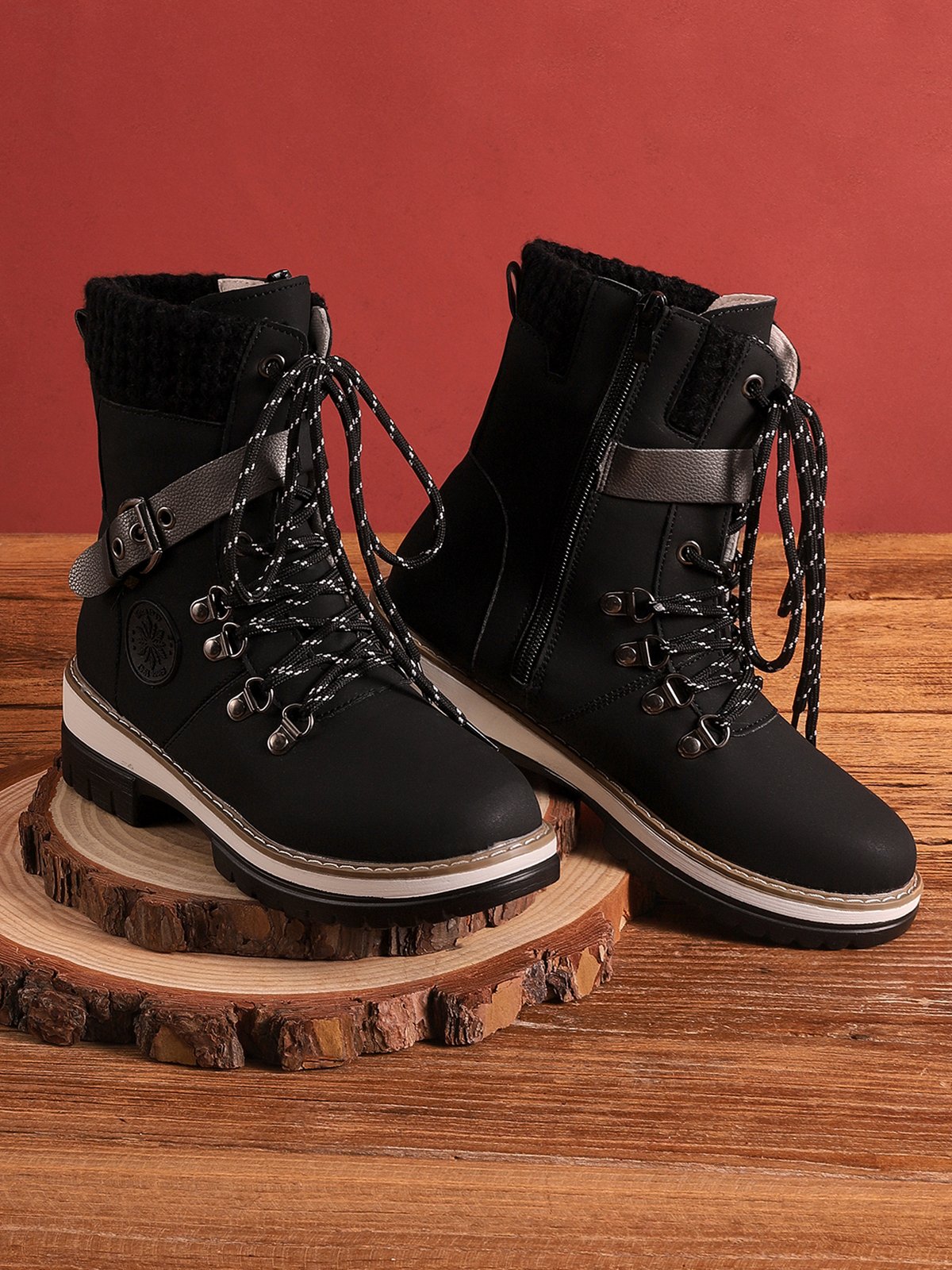 Wool Stitching PU Lace Buckle Middle Snow Snow Boots