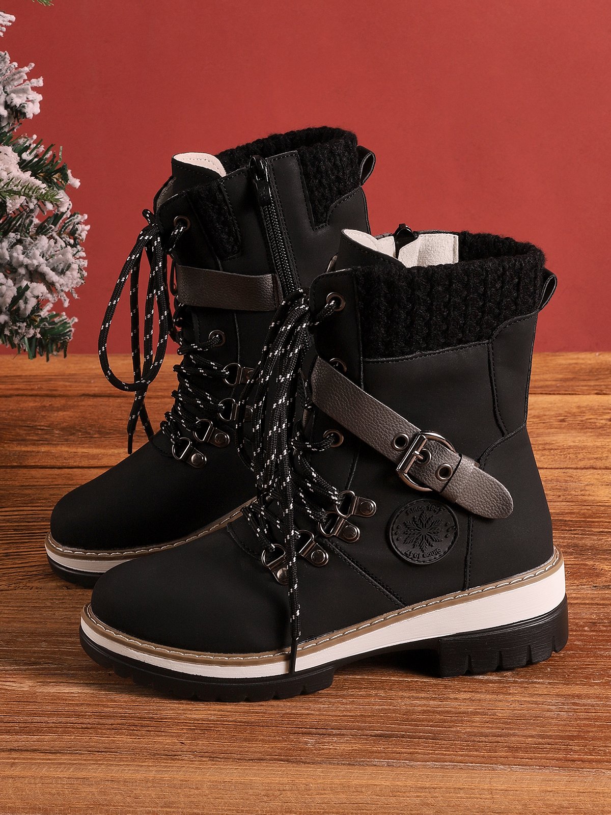 Wool Stitching PU Lace Buckle Middle Snow Snow Boots