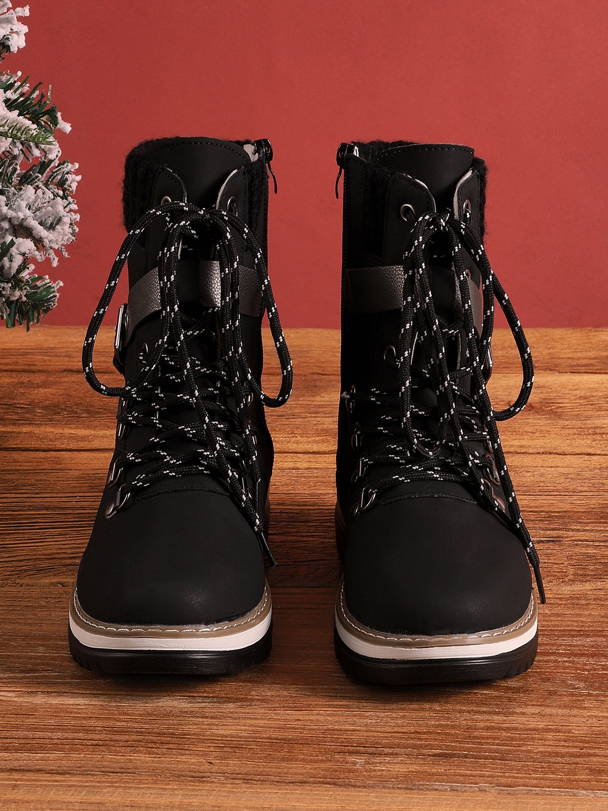 Wool Stitching PU Lace Buckle Middle Snow Snow Boots