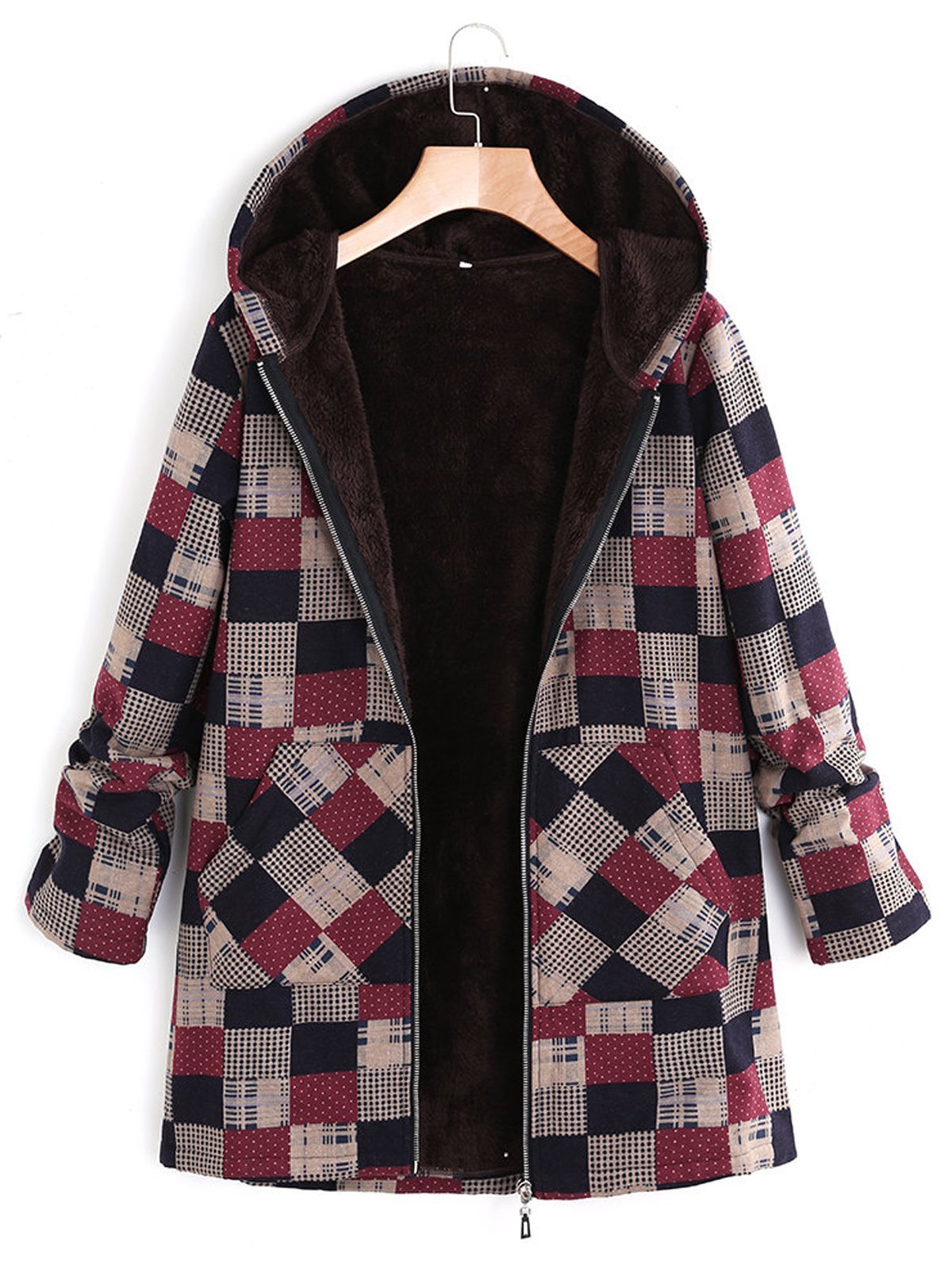 Women Plaid Fleece Hooded Zipper Autumn Winter Coat