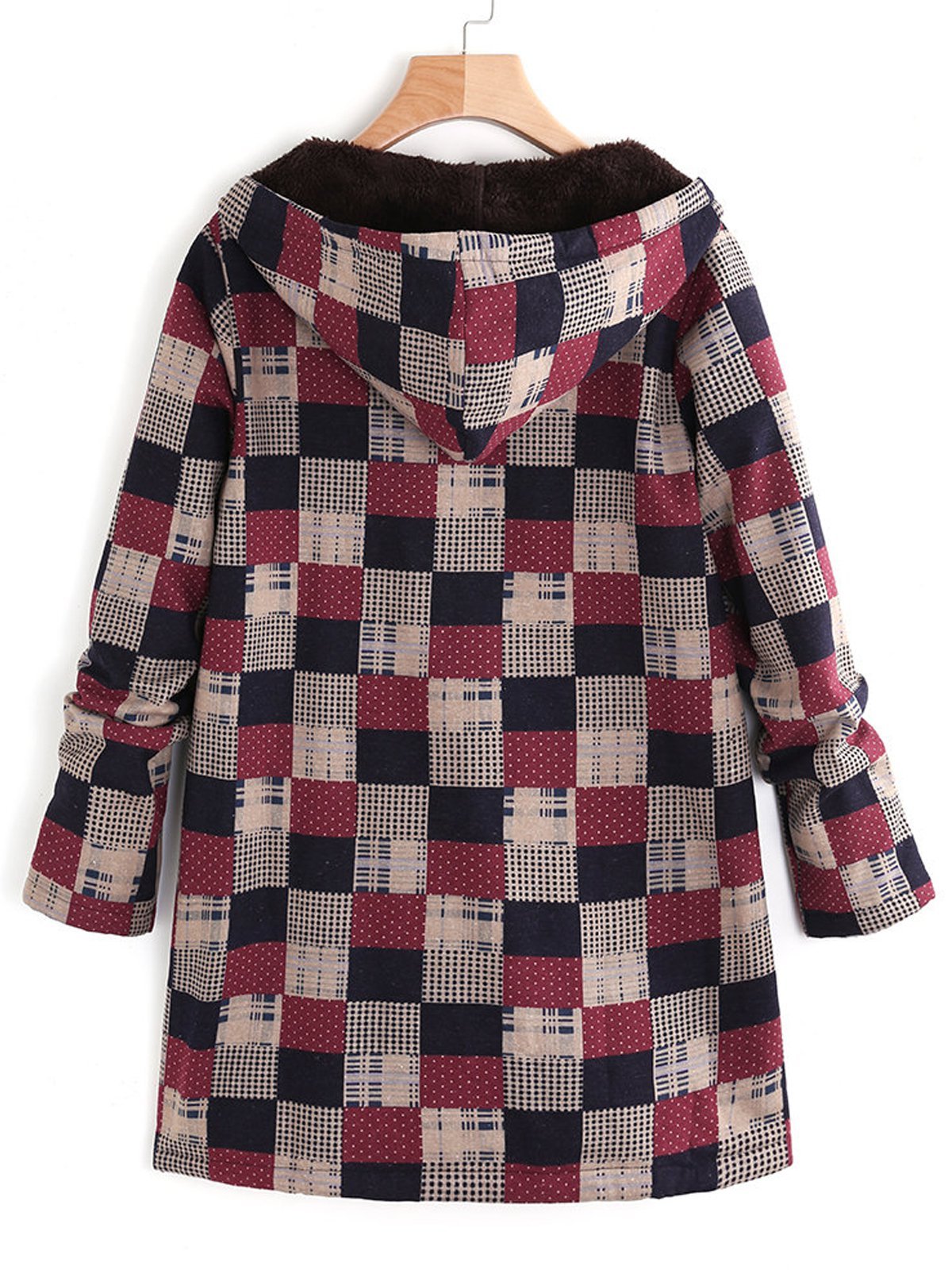Women Plaid Fleece Hooded Zipper Autumn Winter Coat