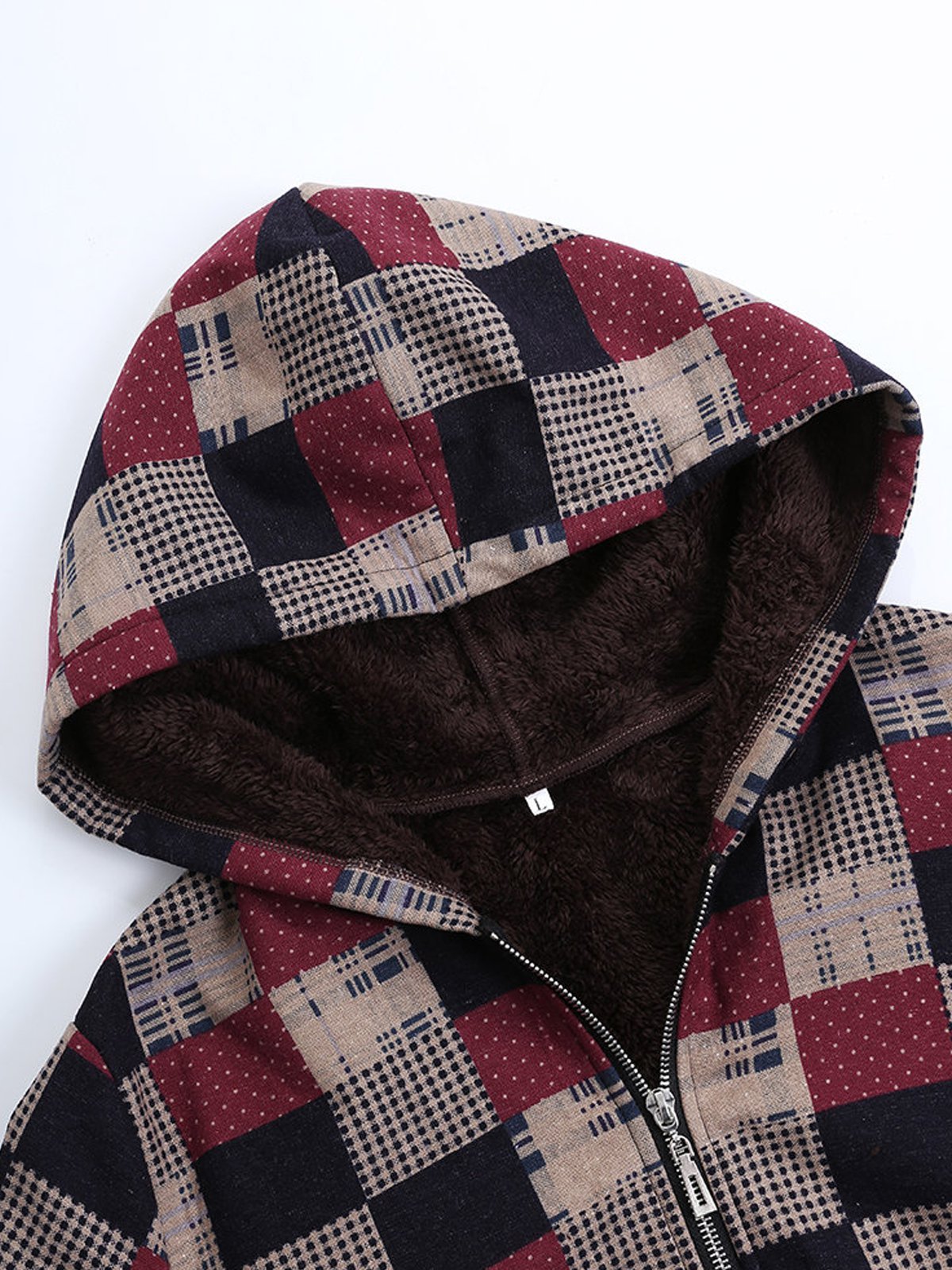 Women Plaid Fleece Hooded Zipper Autumn Winter Coat