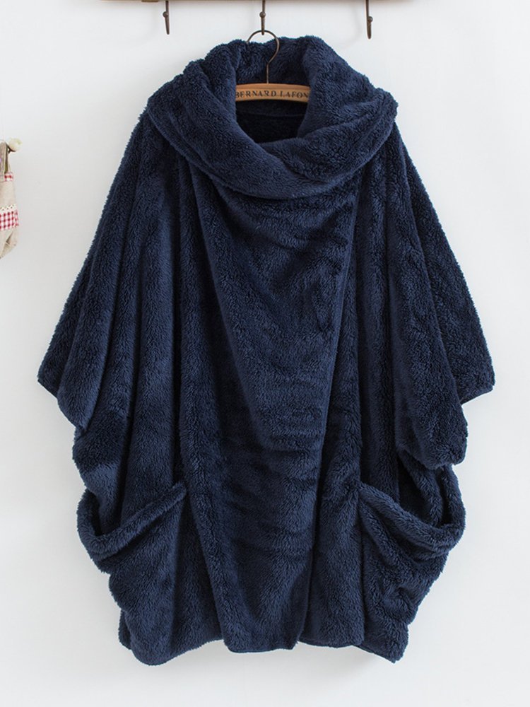 Casual Women Turtleneck Big Pockets Cloak Coats