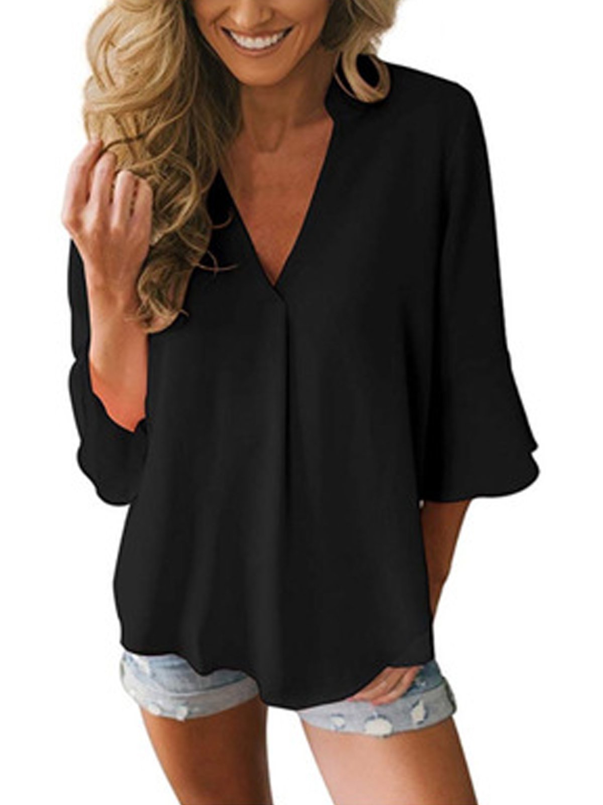 Casual Shirt Collar Solid Loose Blouses