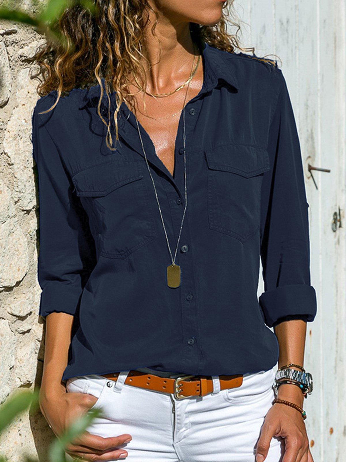 Shirt Collar Vacation Fit Blouses