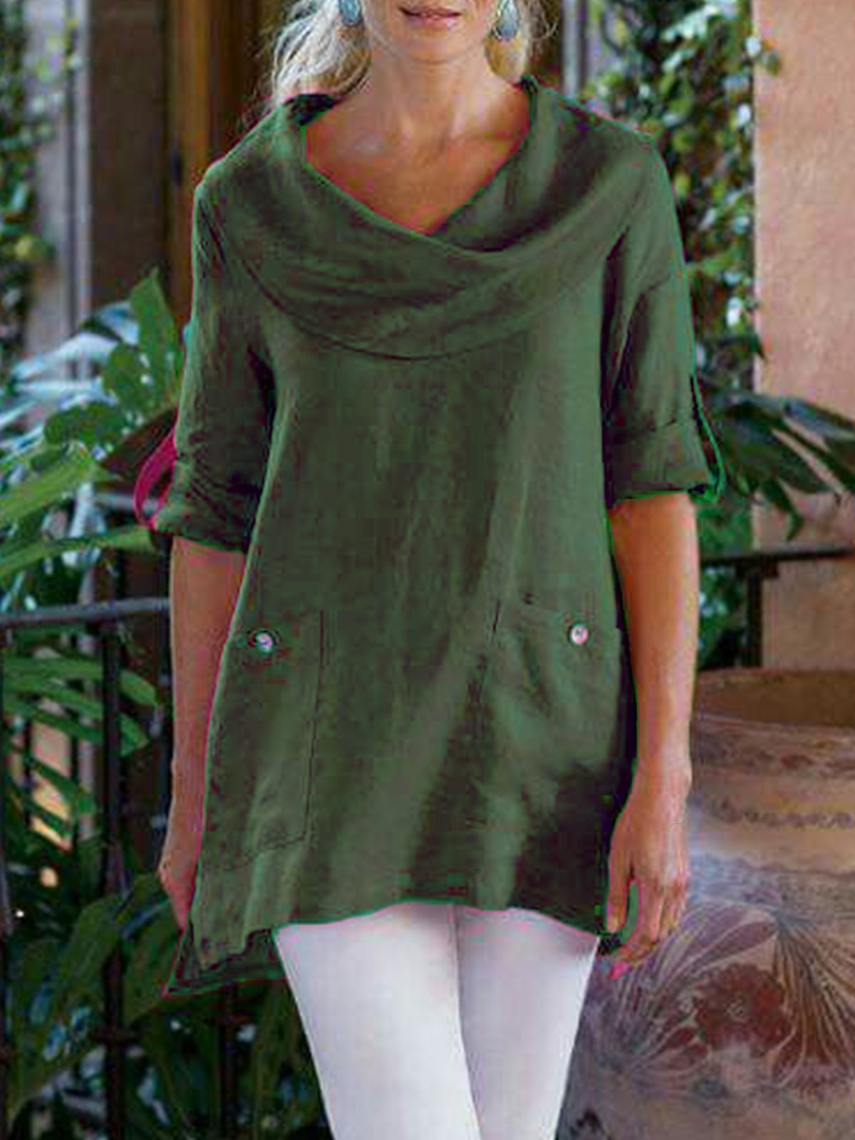 Casual Cotton-Blend Cowl Neck Loose Causal Top