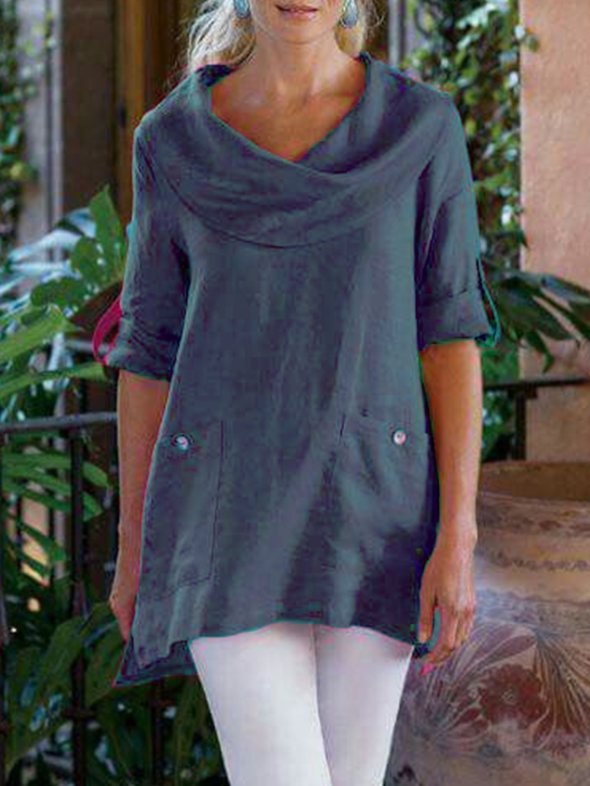 Casual Cotton-Blend Cowl Neck Loose Causal Top