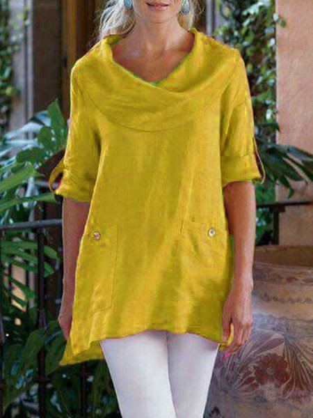 Casual Cotton-Blend Cowl Neck Loose Causal Top