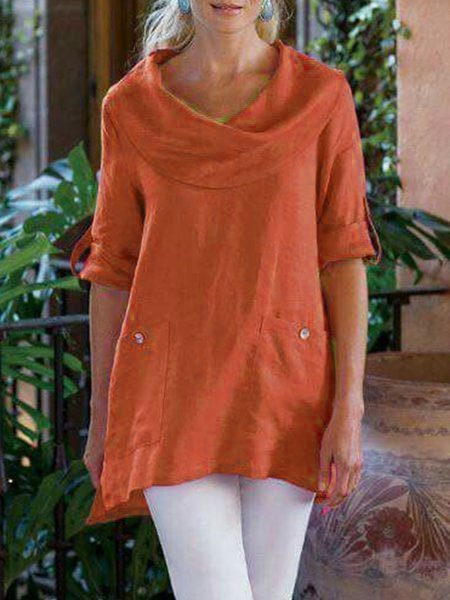 Casual Cotton-Blend Cowl Neck Loose Causal Top