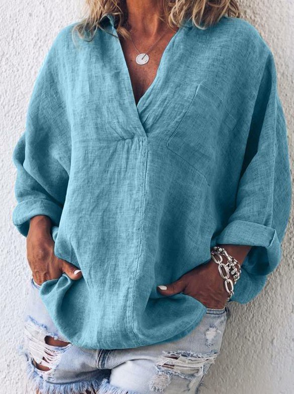 Casual V Neck Solid Blouses